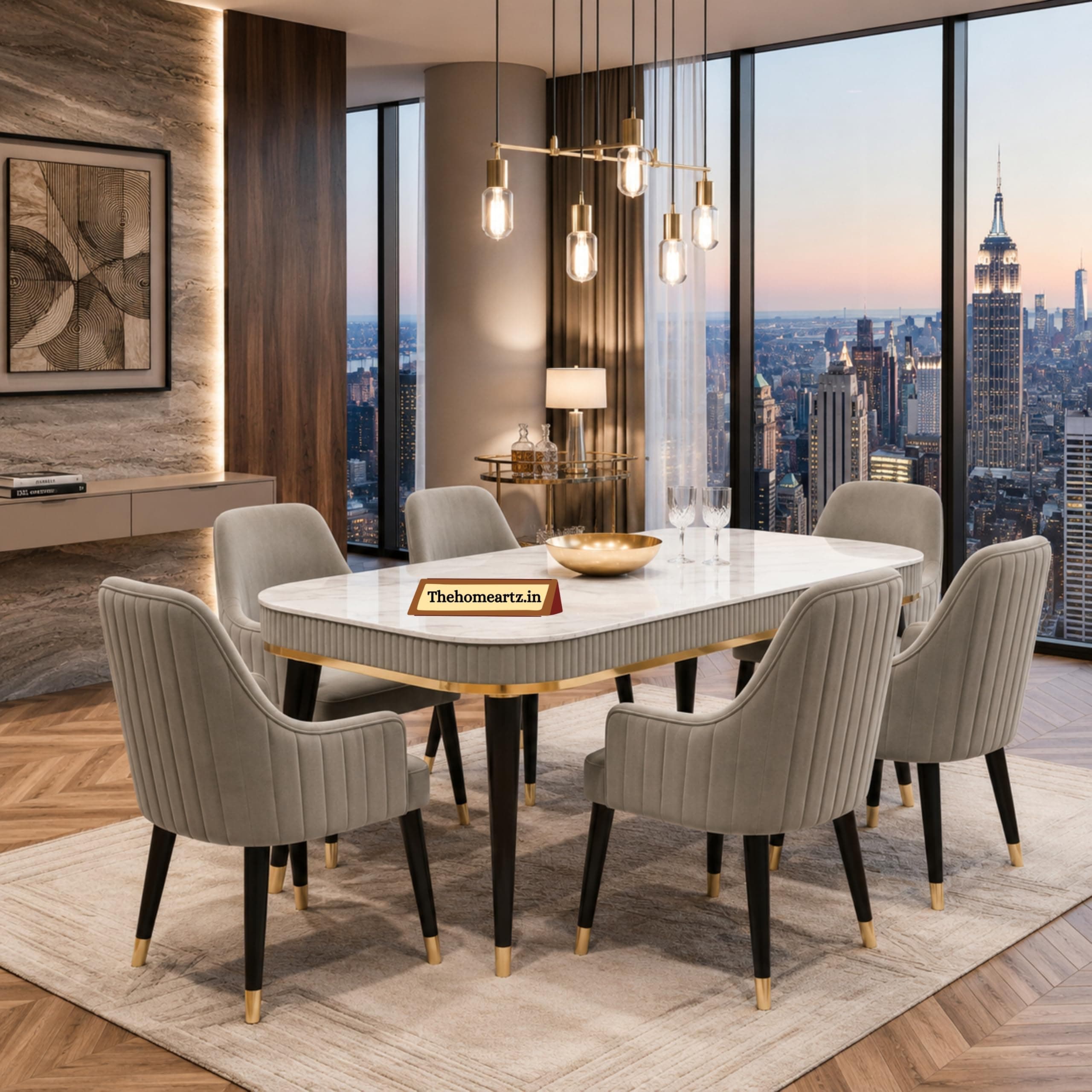 The Homeartz 6-Seater Modern Wooden Dining Table Set | 1 Year Warranty | Created Italian Statuario Marble Top | Elegant Composite Marble Table with 6 Chairs (Light Gray)