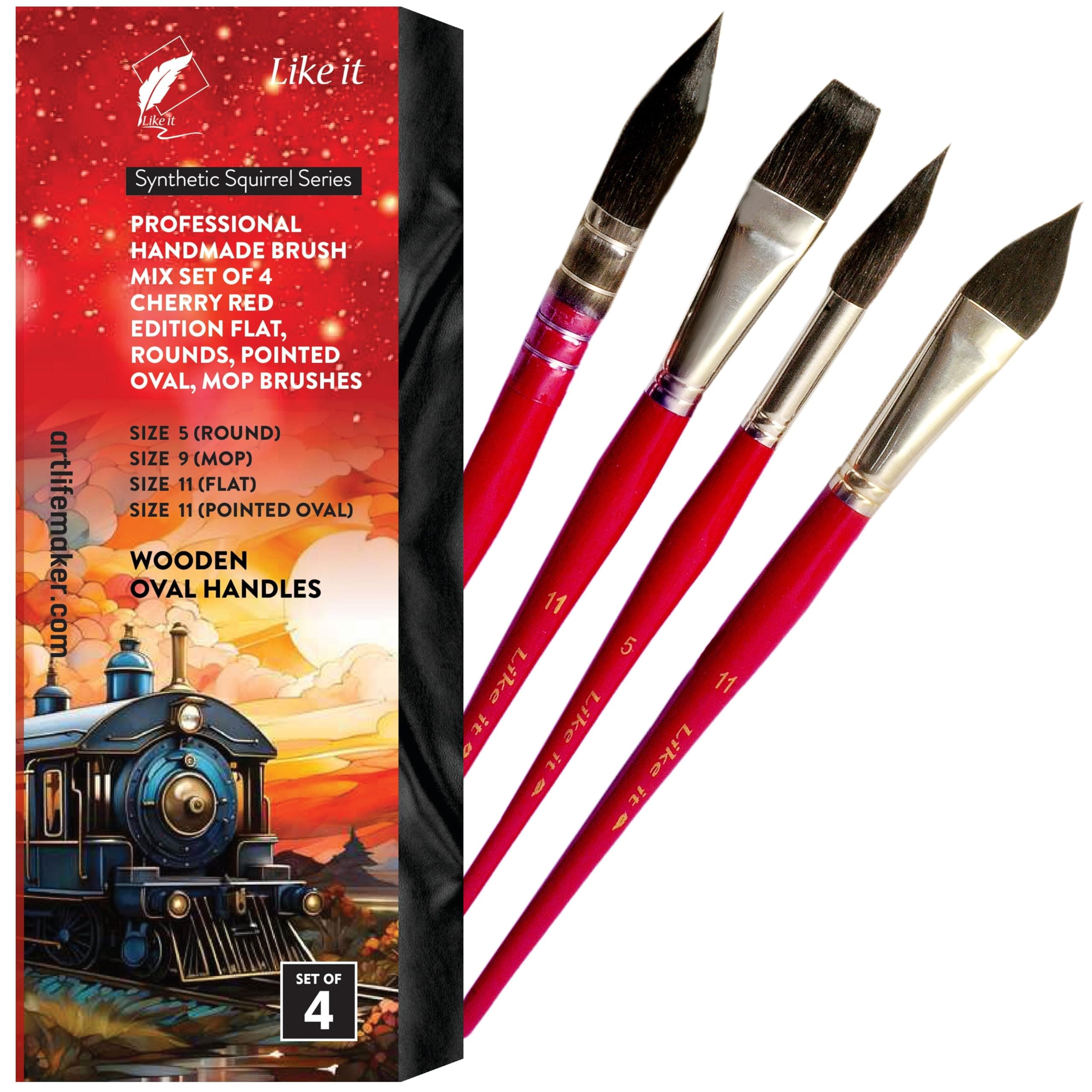 Like it Artist Professional Synthetic Handmade Brush Mix Set of 4 Cherry Red Edition Flat, Rounds, Pointed Oval,Mop Brushes