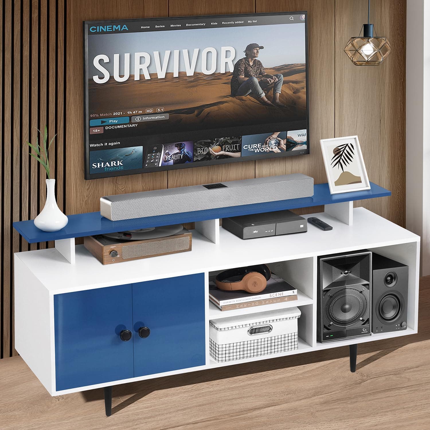 ABOUT SPACE TV Unit - Semi UV Gloss Laminate DIY TV Stand Table with Cable Hole, Cabinet with Door, Adjustable Shelf for WiFi Router Stand -Engineered Wood (Blue & White- L 140 x B 40 x H 64 cm)
