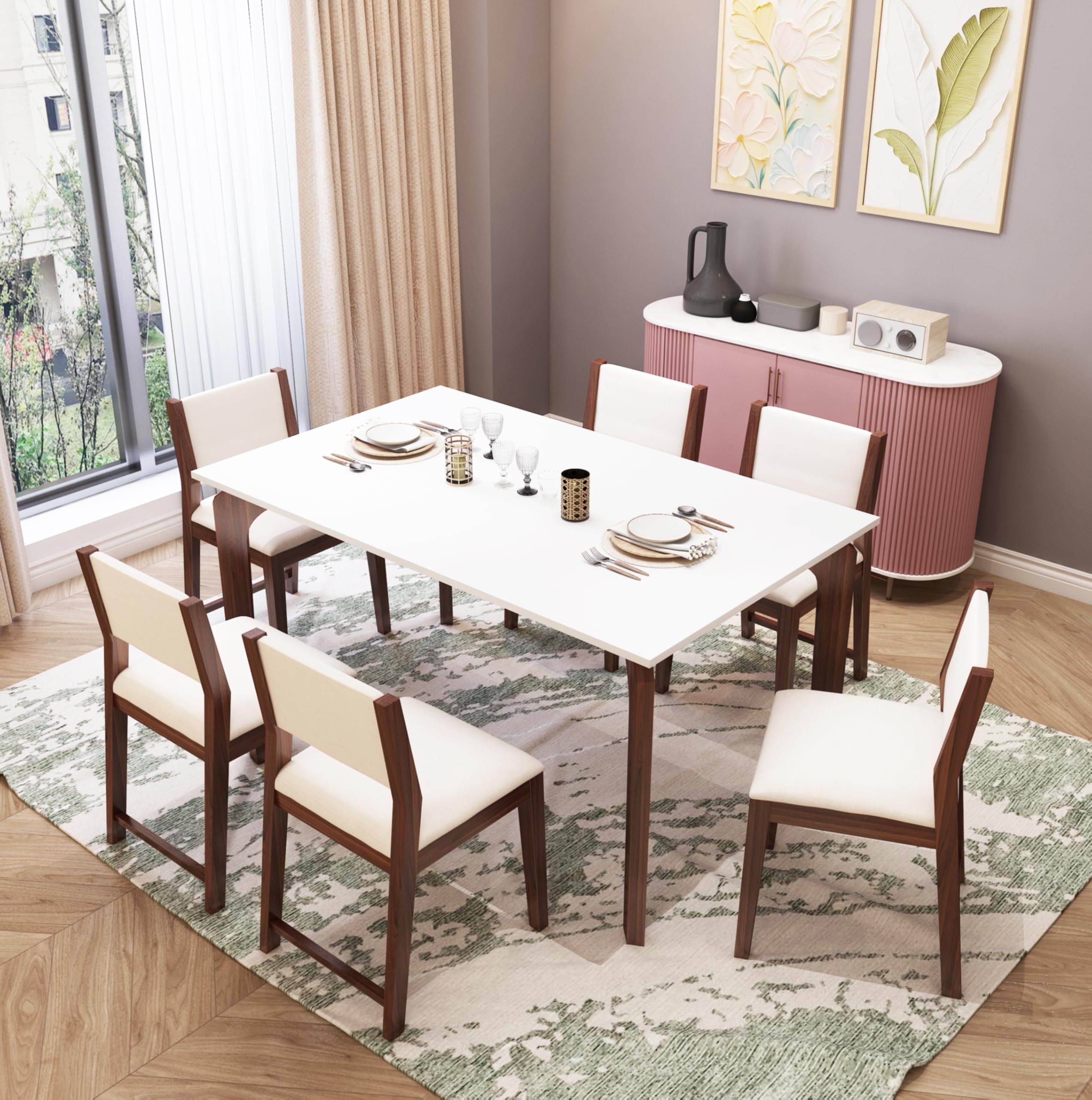 MURALICRAFT Sheesham Wood 57" Dining Table 6 Seater | Marble Finish Six Seater Dinning Table Set with 6 Upholstered Dining Chairs | Table Top: Premium HDMR Wood | Chair: Curved Design | White & Walnut