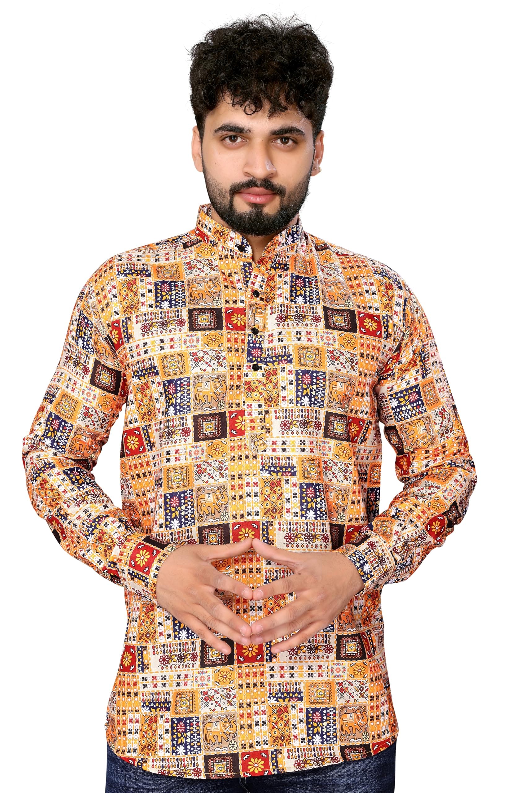 GURIK Men`s Cotton Digital Printed Casual Short Kurta for Men