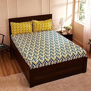 Amazon Brand - Solimo Natural Bounty 144 TC 100% Cotton Double Bedsheet with Two Pillow Covers, Soft and Smooth (Peacock Feather, Teal and Mustard Yellow), 144 TC