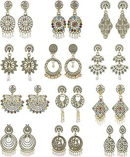 kreyam's Combo Pack of 12 Pairs Antique Gold Plated Oxidized Earrings for Women & Girls - Assorted Tribal Boho Floral & Peacock Design Dangle Jewelry Set