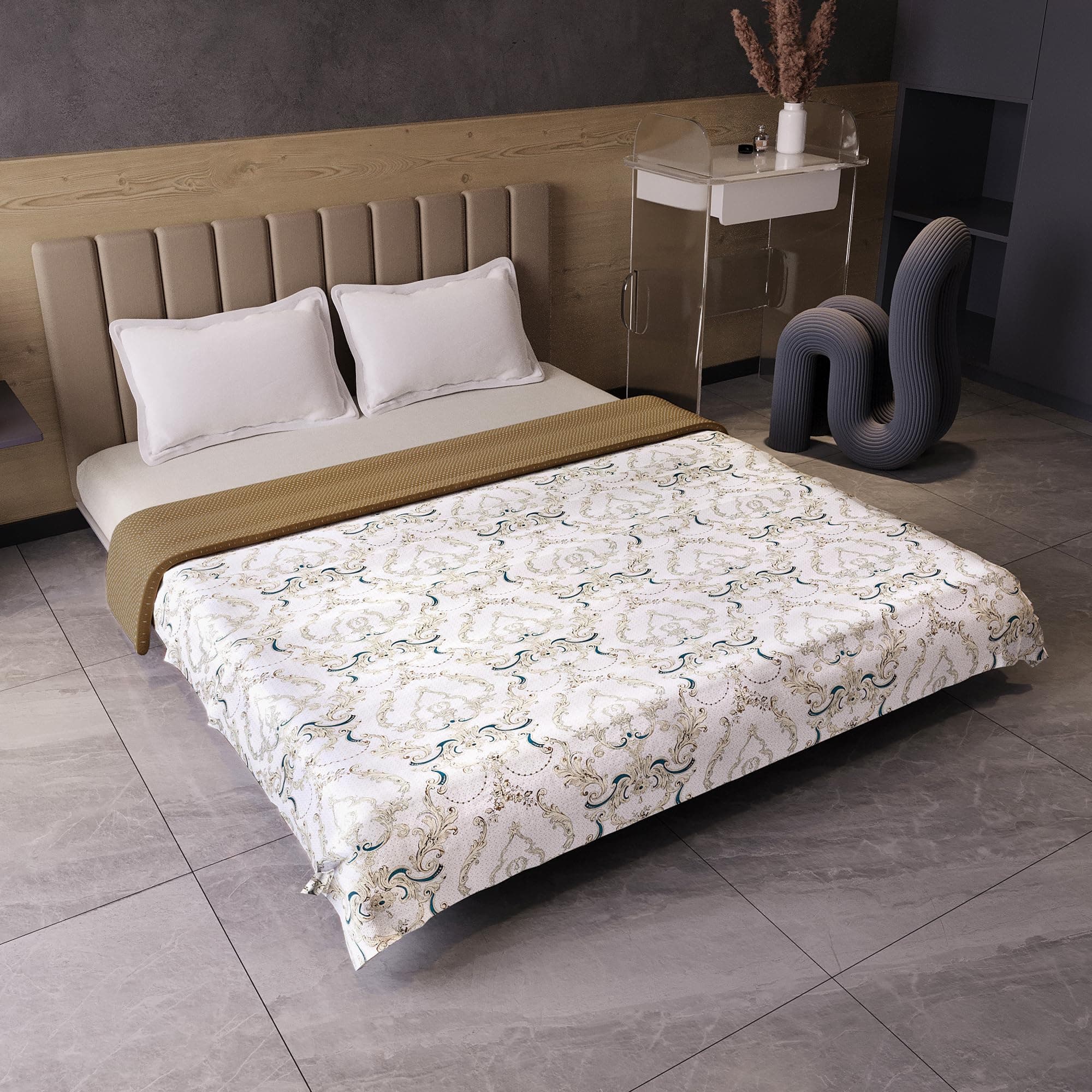 Divine Casa 120 GSM Super Soft Brushed Microfiber Lightweight Jaipuri Print Rajai Double Bed| Reversible AC Blankets for Winter (80x86 inchs, Toffee Brown and White)| TC - 120