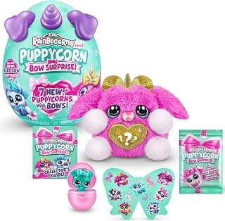 Rainbocorns Puppycorn Bow Surprise, Puppycorn Series 3, Rocket the Pink Karmo - Collectible Plush - 5 Layers of Surprises, Peel and Reveal Heart, Stickers, Slime, Ages 3+ (Pink Karmo)
