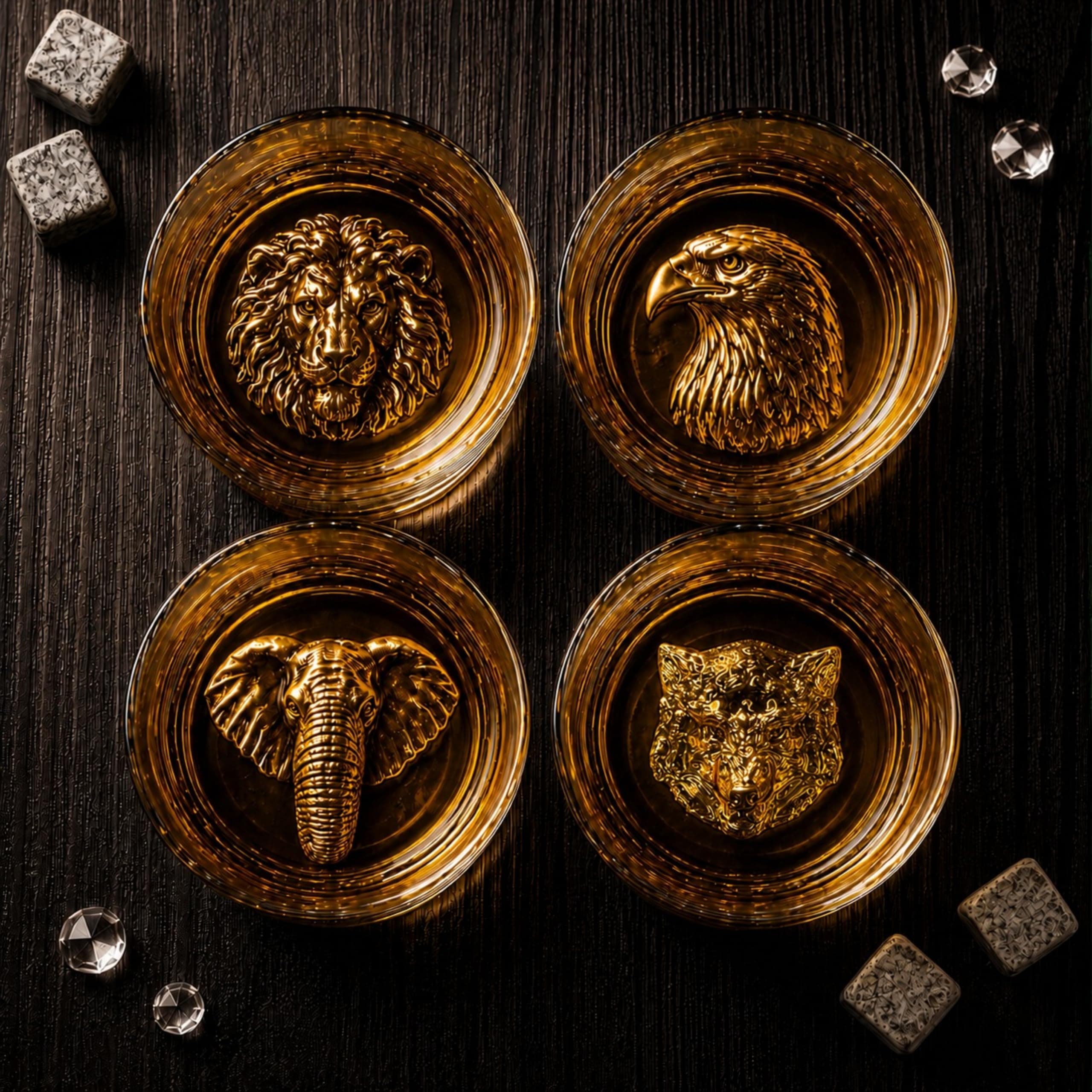 Melbify Gold Animal Label Whiskey Glasses | Set of 4 | 300 ml | High Balled & Animal Embedded | Ideal for Serving Whiskey, Cognac, Vodka, Gin | Suitable for Home, Restaurants & Bars