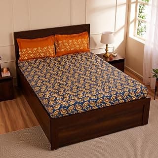 Amazon Brand - Solimo Ditsy Dale 144 TC 100% Cotton Double Bedsheet with 2 Pillow Covers, Blue, 144 TC