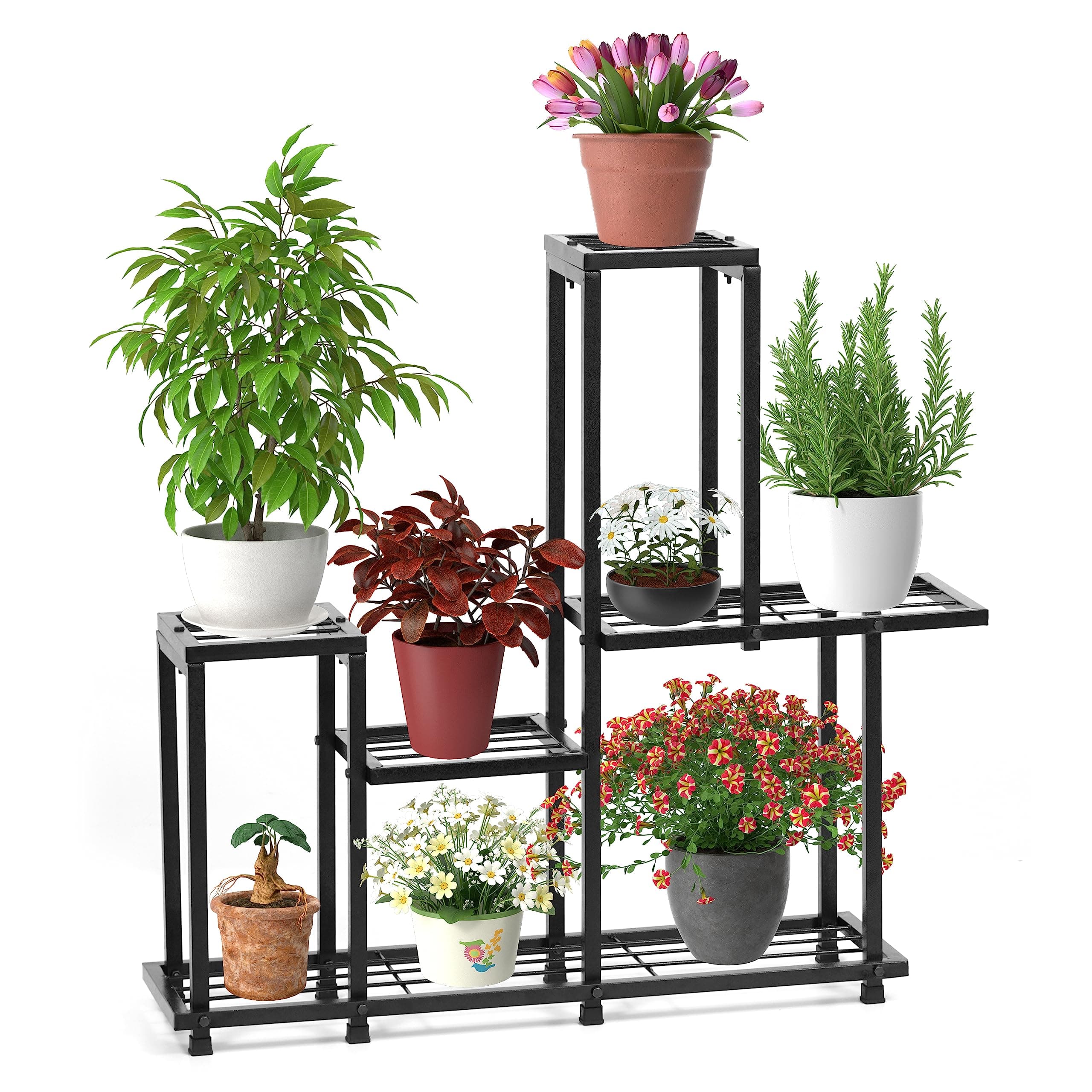 Livzing Metal 5 Tier Plant Stand For Balcony & Indoor Garden, Multi-Purpose Plant Holder For Home Decor, Gamla Stand For Plants, Tall Plant Stand Indoor Living Room, Big Outdoor Pot Stand - Black