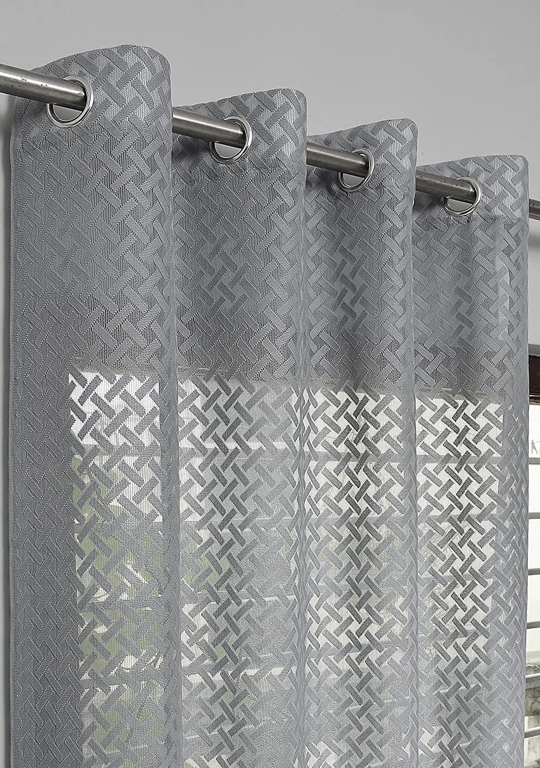 NACIA Criss Cross Net Semi Sheer Curtains 9 Feet Long Set of 2 | Geometric Long Door Curtains with Eyelet Rings | Light Filtering Polyester Curtains for Living Room and Bedroom (Grey)