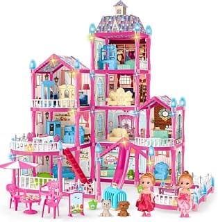 Doll House for Girls,10 Rooms House Toy with Dolls Figure, Puppies,Furnitures, Accessories, Kids Playhouse Gift for for 3 4 5 6 7 8 9 10 Year Old (Pink)