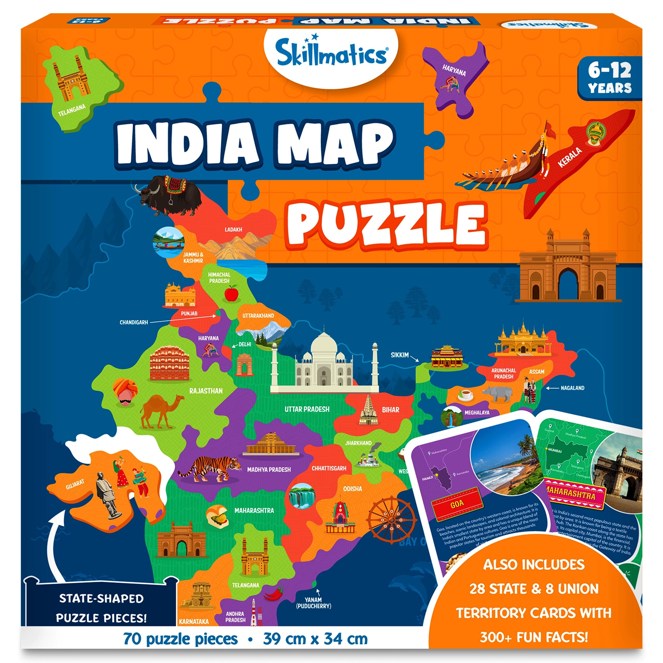 Skillmatics India Map Puzzle for Kids Ages 6-12, 70-Piece Educational Geography Puzzle, Learn 300+ Facts About India, States & Capitals, Fun Learning Gift for Boys & Girls