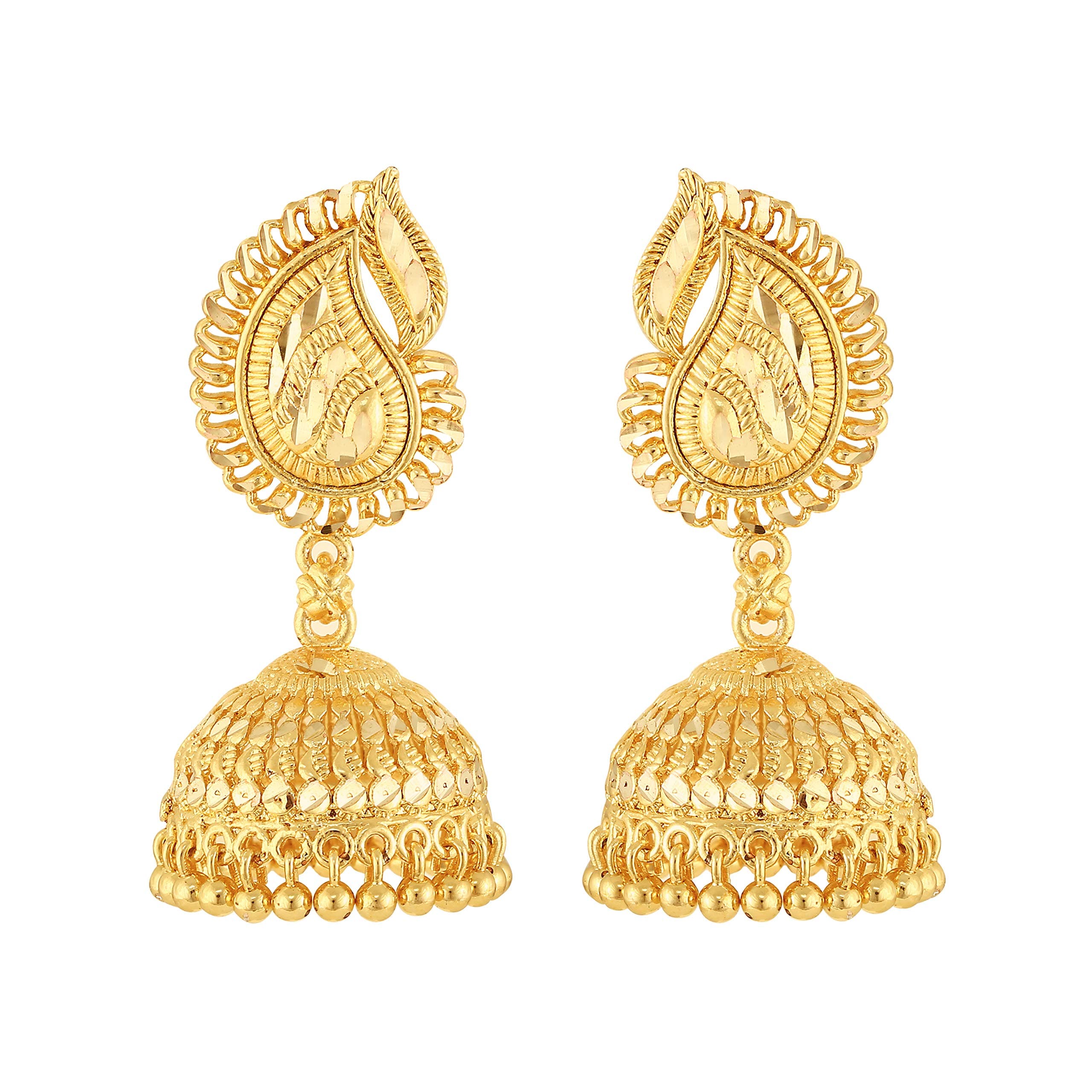 MEENAZ Women's Traditional 18k One Gram Gold Ethnic Brass Stylish South Indian Screw Back Temple Meenakari Ghungroo Peacock Studs Earrings Set -GOLD JHUMKI-M159