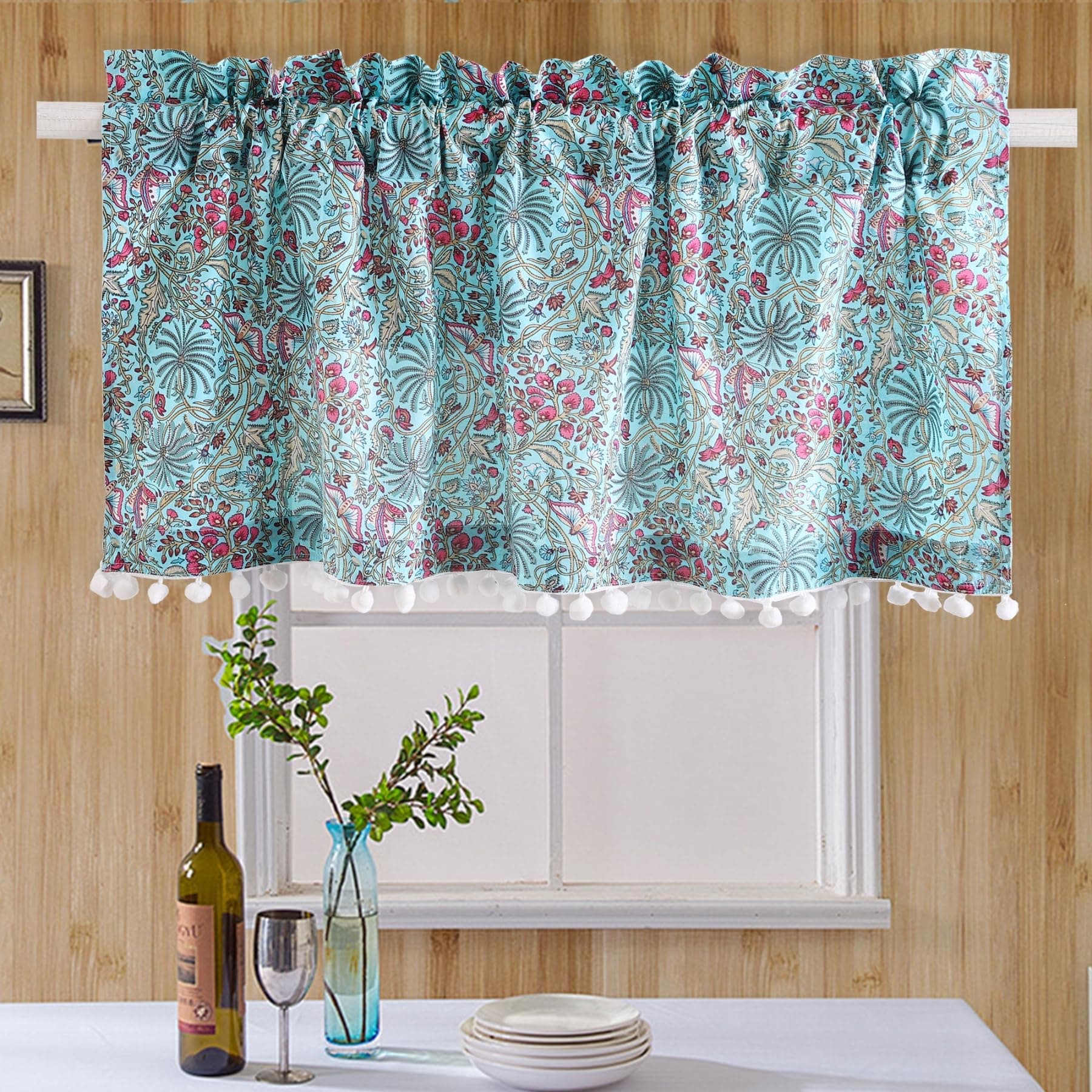 Ravaiyaa - Attitude is everything Hand Printed Half Window Kitchen Curtain 100% Cotton Short Drapery Valance Curtain 40" X 18" Inch (Turquoise Floral)