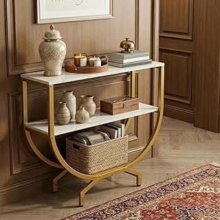 Modern Console Table for Entryway, White Marble Finish Top with Gold Metal Frame | Narrow Console Table with Storage Shelf | Wooden MDF Console Tables for Living Room, Bedroom & Home Decor | DIY