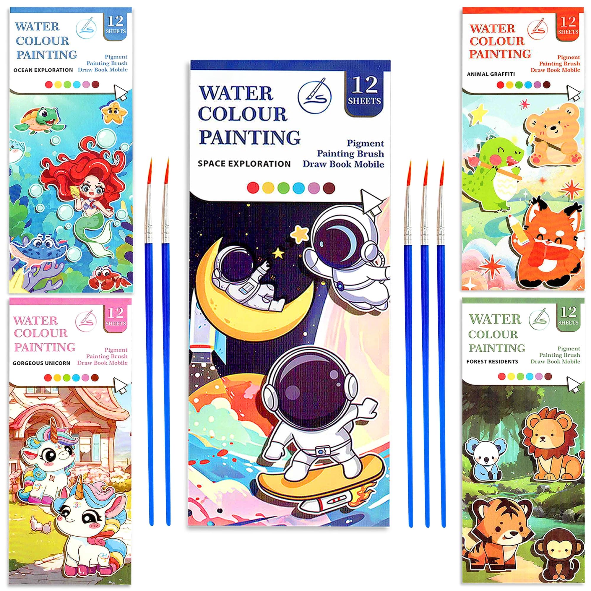 GLUN® Watercolour Painting Notepad Pack of 5 for Kids, 12 Different Pages, Water Painting Notepad with Water Colour Patches & Painting Brush, 5 Different Theme Painting Note Pad