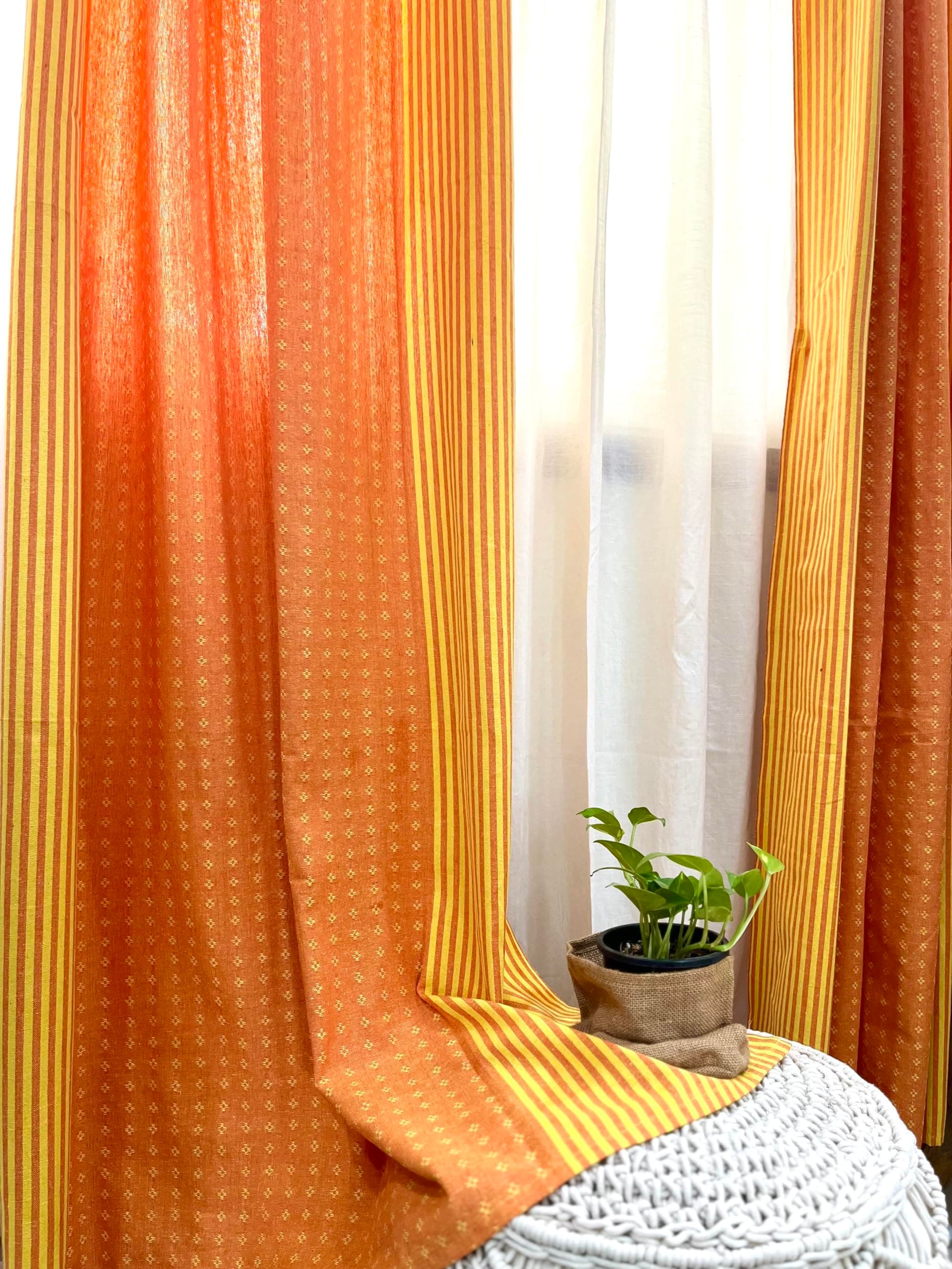 RANGBHAR Handloom 100% Cotton Star Curtains for Door, 70-75% Room Darkening Cotton Curtains 9 Feet Long Set of 2 with Eyelets, (Yellow Orange, Door-9 Feet X 4 Feet)
