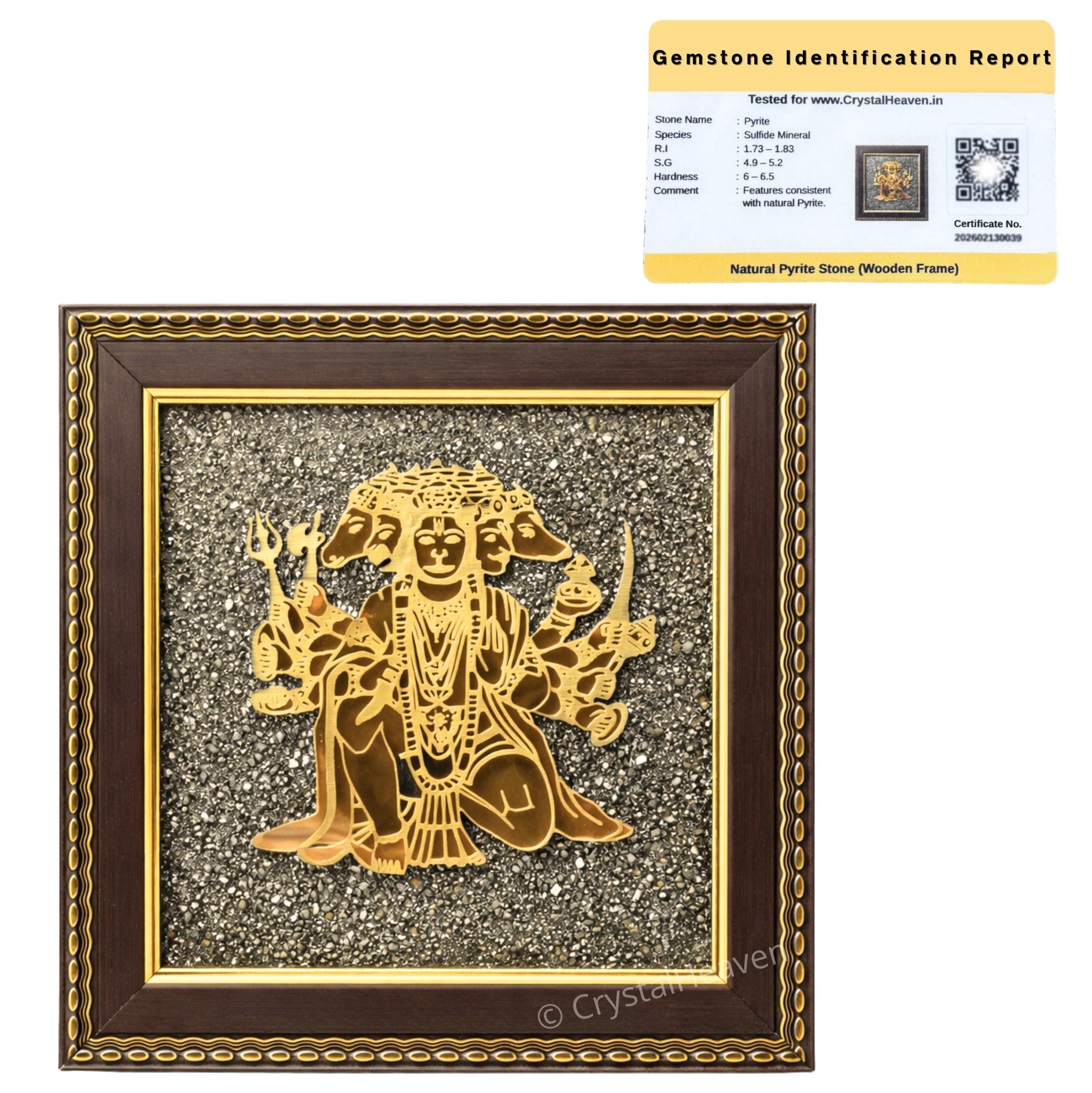 Pyrite Stone Frame with Panchmukhi Hanuman to Attract Money, Protection and Chakra Healing - Wooden Photo Frame Wall Decor Items for Living Room with Original Pyrite Dust for Money Success