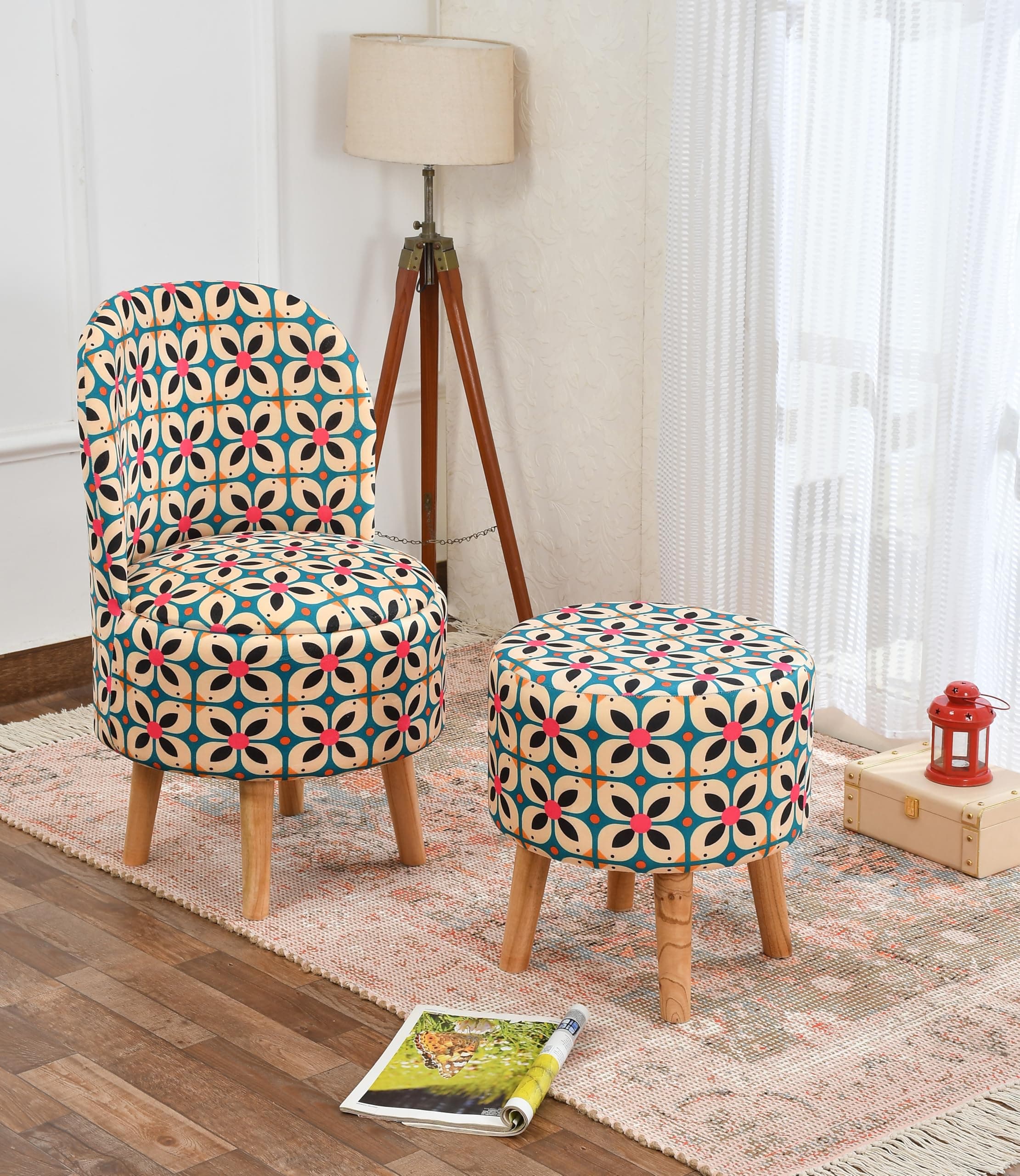 NACIA Velvet Printed Ottoman Chair with Stool Combo | Dressing Table Chair for Bedroom Makeup Room Decor | Modern Upholstered Ottoman with Wooden Legs for Home (18x18x32 Inches, Boho Chic)