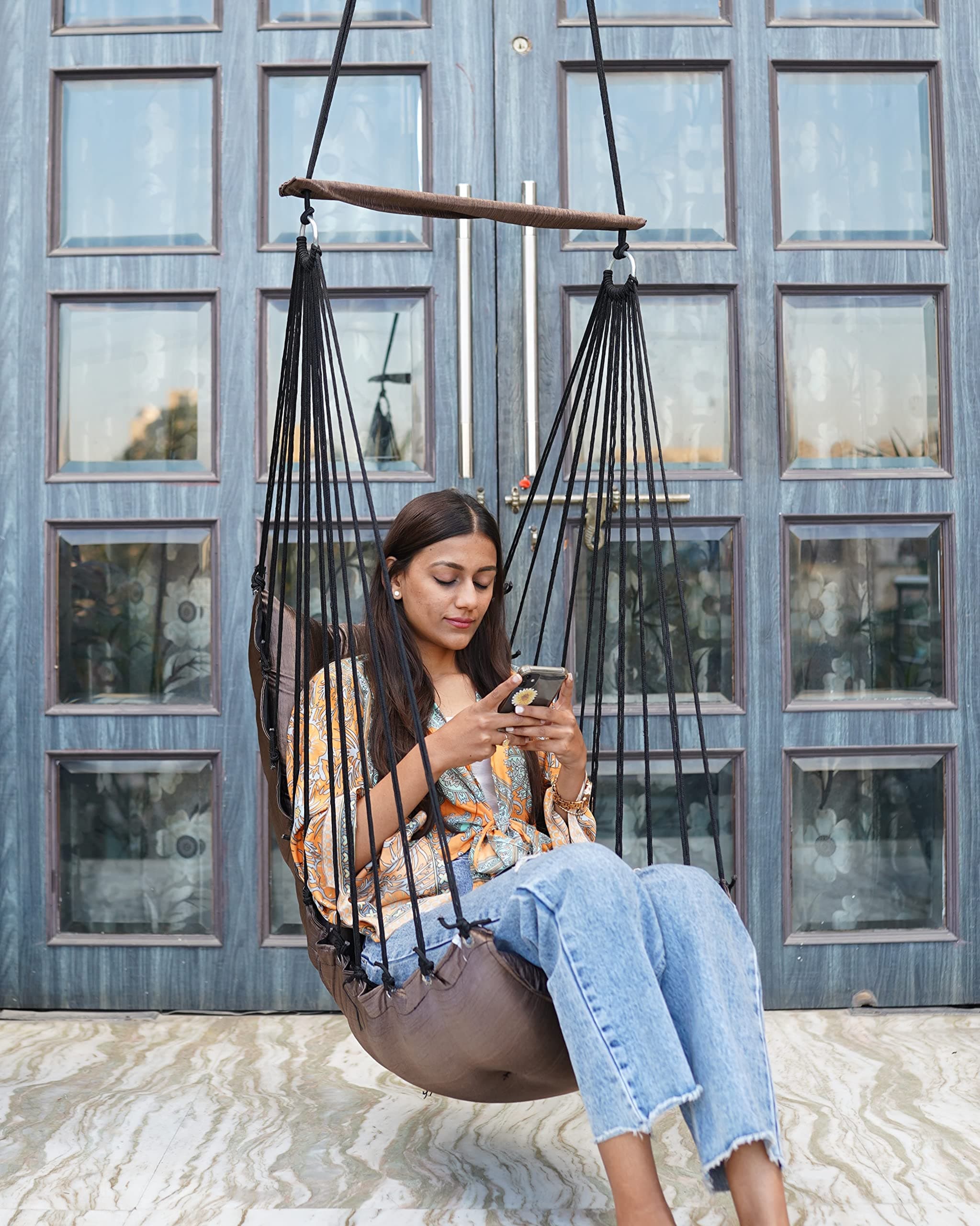 Patiofy Wooden Swing For Living Room/Jhula For Balcony/Swing For Balcony/Swing For Adult/Jhoola For Home/Hammock/Suitable For Indoor&Outdoor/120Kgs Weight Bearing Capacity(Light Brown)By Patiofy