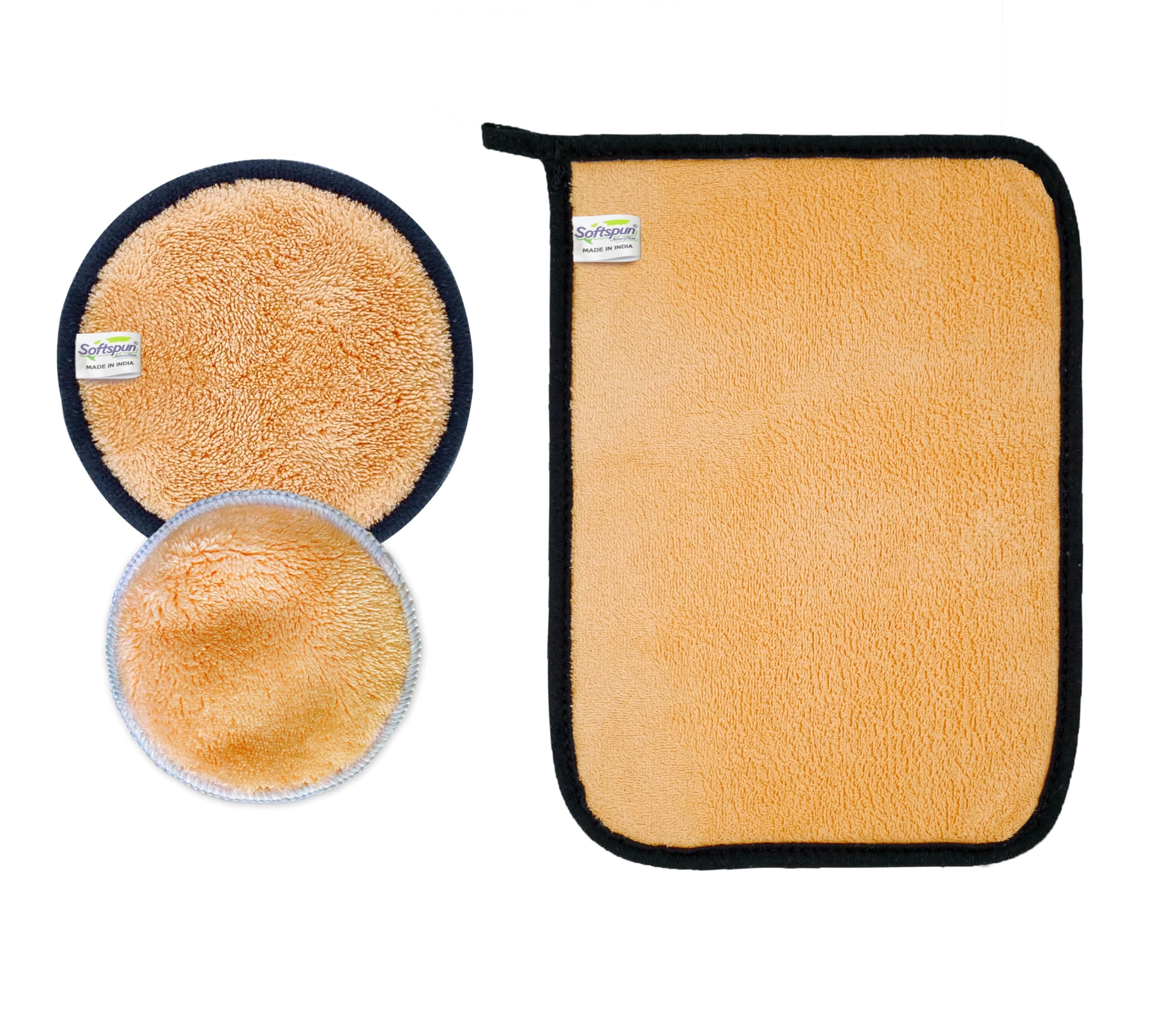 SOFTSPUN Microfiber Reusable Makeup Remover Cleansing Pads With Wipe Towel for Face, Eyes, Lipstick, Combo Pack of 3, 280 GSM,Beige, Safe for all Skin Types.