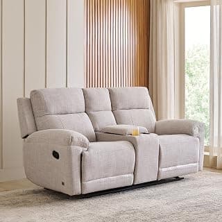 Home Centre Lambert Fabric 2-Seater Recliner with Console | Recliner Sofa for Living Room | Solid Wood | Beige | 1 Year Warranty