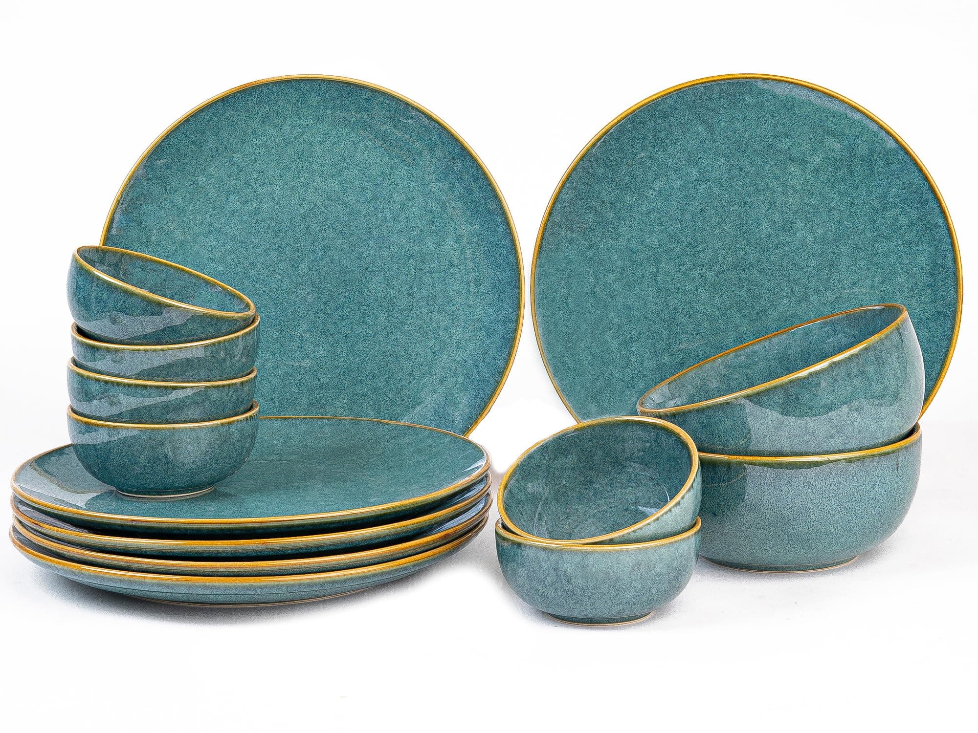 Bodhi House Ceramic Dinner Set, 14 Pieces, Handmade Reactive Glaze Dinnerware, Stoneware Dining Sets Serving for 6, Microwave, Dishwasher Safe, Glossy Finish Crockery Set for Gifting, Ocean Green