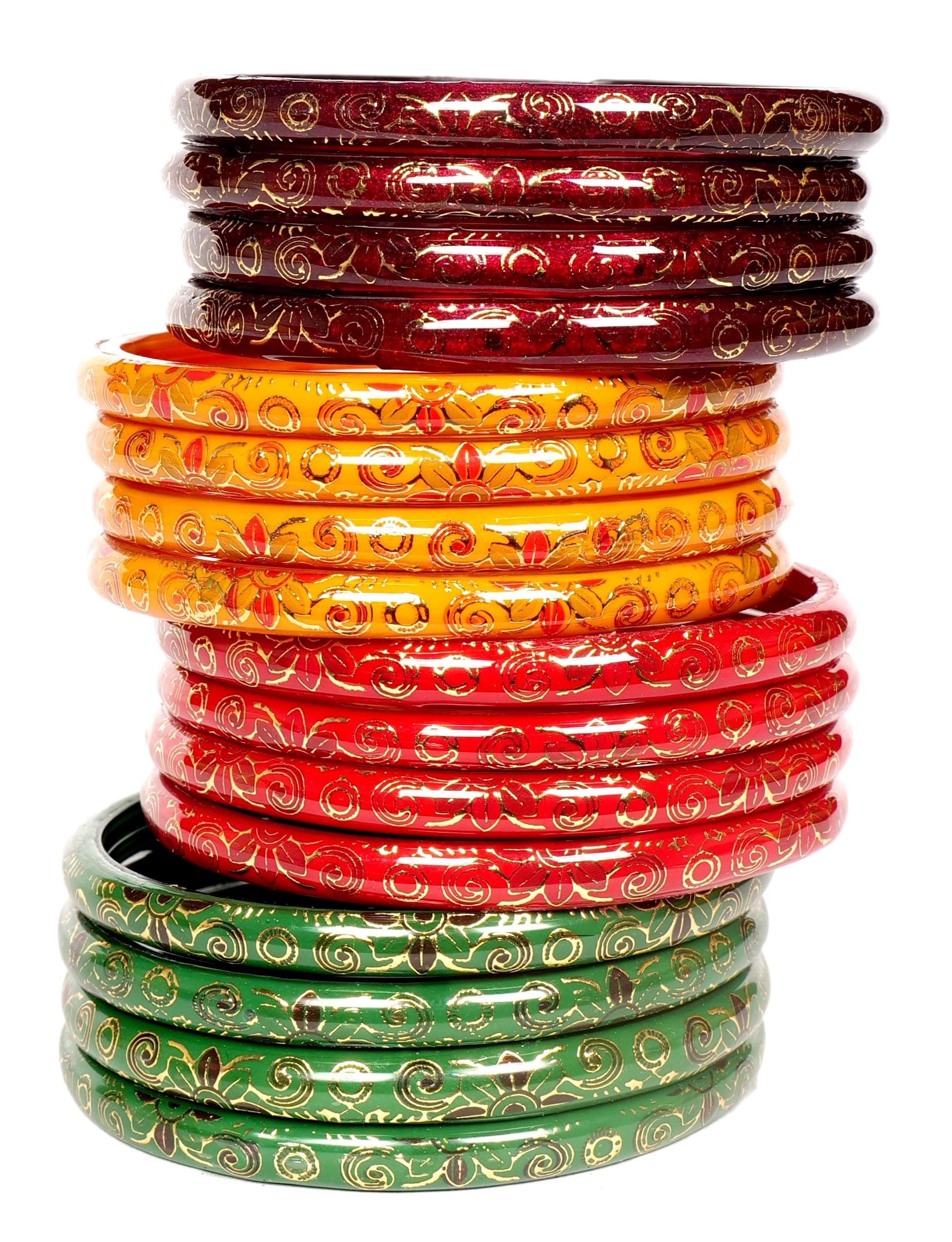 Swara Creations Red Green Mehrun Yellow Bangles for Women/Digital Prints Bangles/Light Shiny Prints/Glass Bangles (16Pcs)(SKU270)