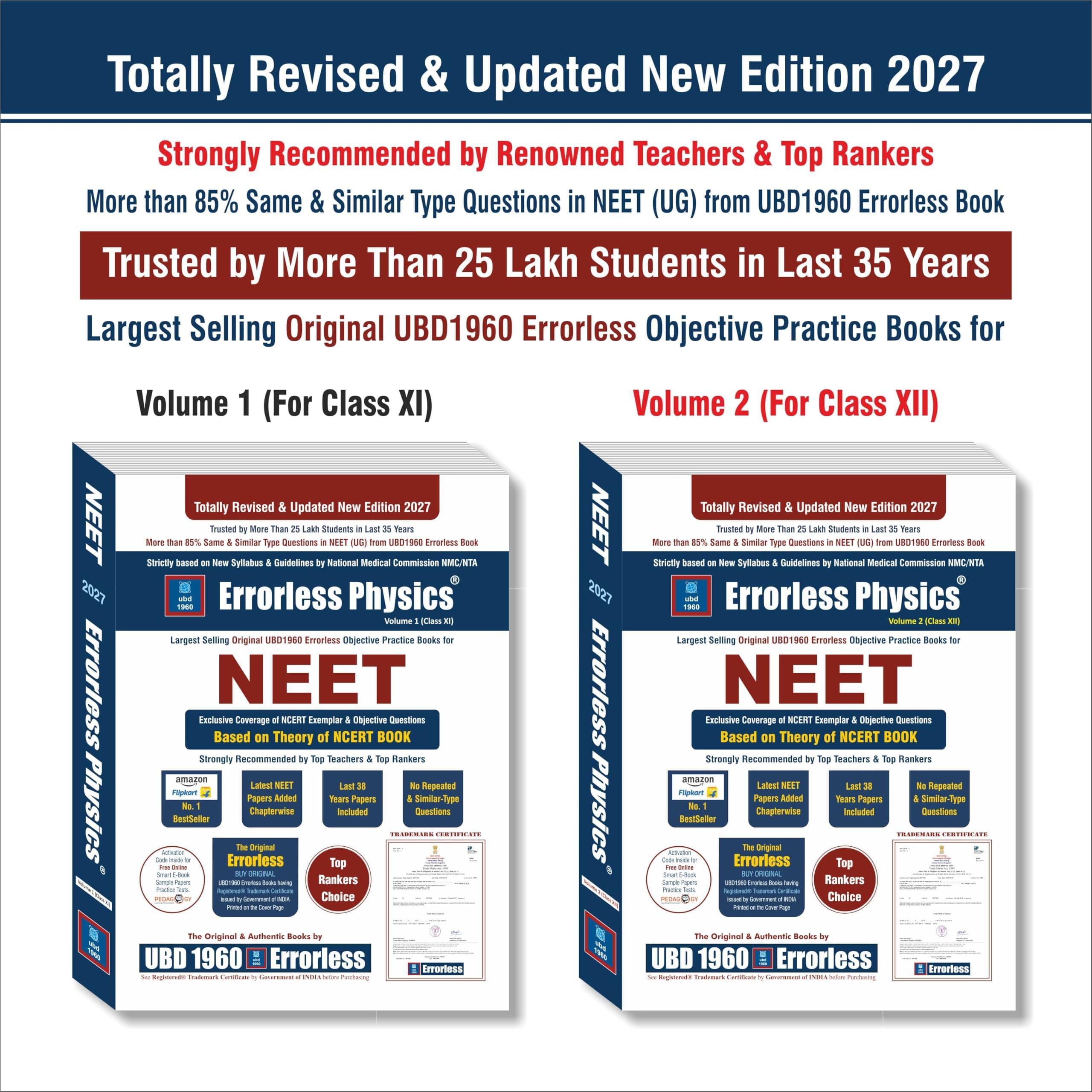 UBD1960 Errorless Physics for NEET as per NMC (Paperback+Smart E-book)Updated New Edition 2027 (2 volumes) Original Errorless Self Scorer Book with Trademark Certificate