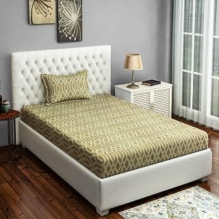 Swayam Roto Cotton Single Bedsheet with 1 Pillow Cover | Size 60 x 90 inch | 144 TC | Geometric Design | Soft Breathable Bed Sheet | Comfortable & Durable for Bedroom - Brown & Beige