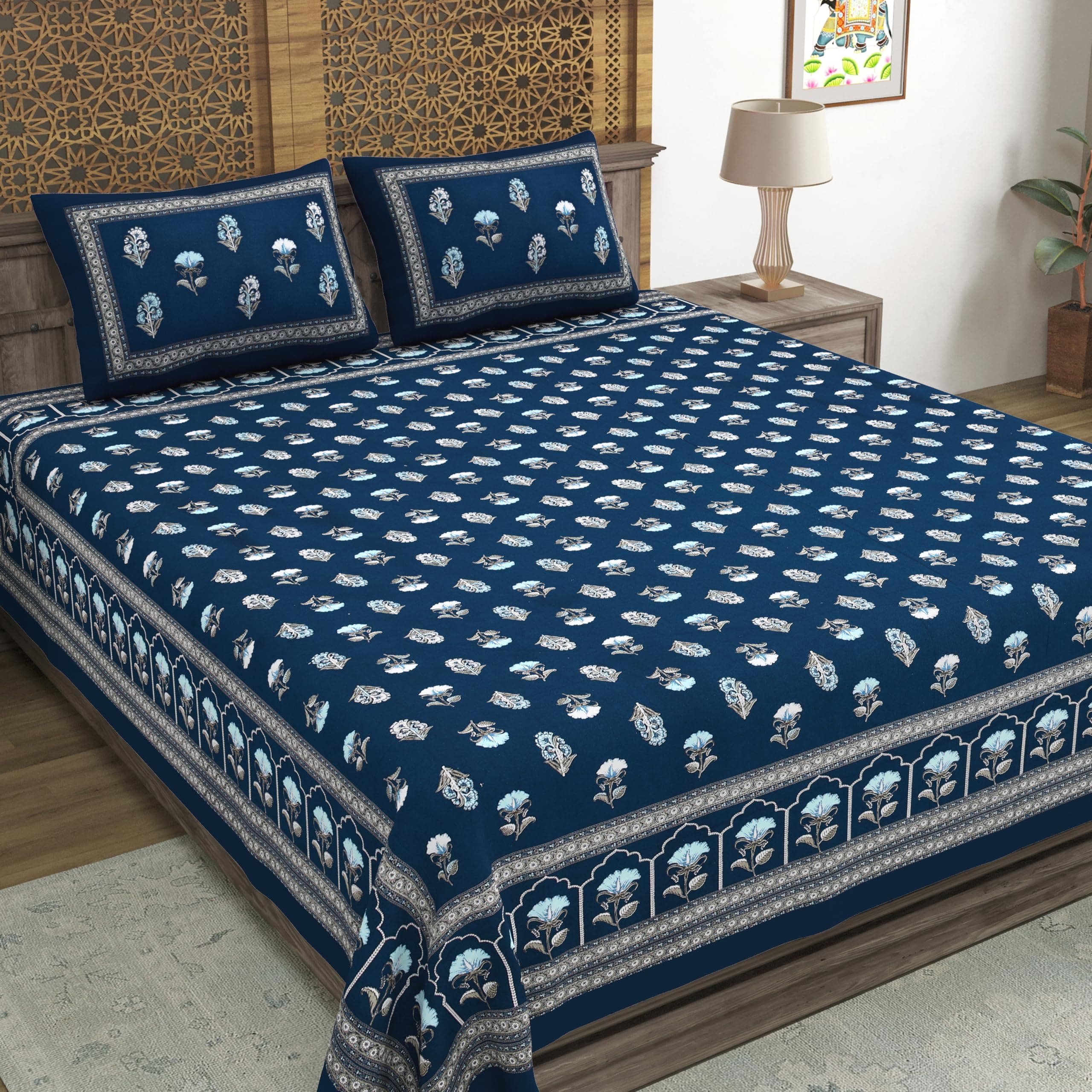 BLOCKS OF INDIA Hand Block Printed 200 TC Cotton Super King Size Bedsheet(106 x 106) | Pack of 1, Batik Blue Flower