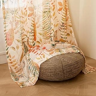 Story@Home Door Curtains 7 Feet Long Set of 2 | Leaf Printed | Semi Transparent Curtain | Net Curtains | Sheer Curtain for Living Room | (118 x 215 cm, Cream & Orange) | Perfect for Home Decor