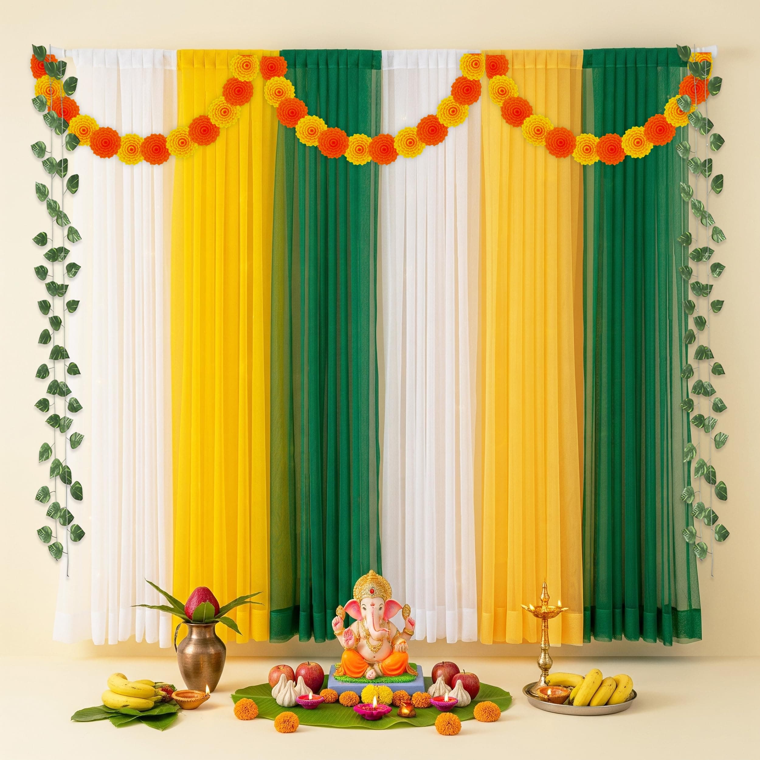 1iAM Ganpati Decoration For Home - Pack of 13 | White, Yellow & Green Net, Marigold, Leaf, Hook & Ribbon For Ganesh Pooja Decoration | Backdrop For Ganesh Chaturthi | Traditional Pooja Decorative Item