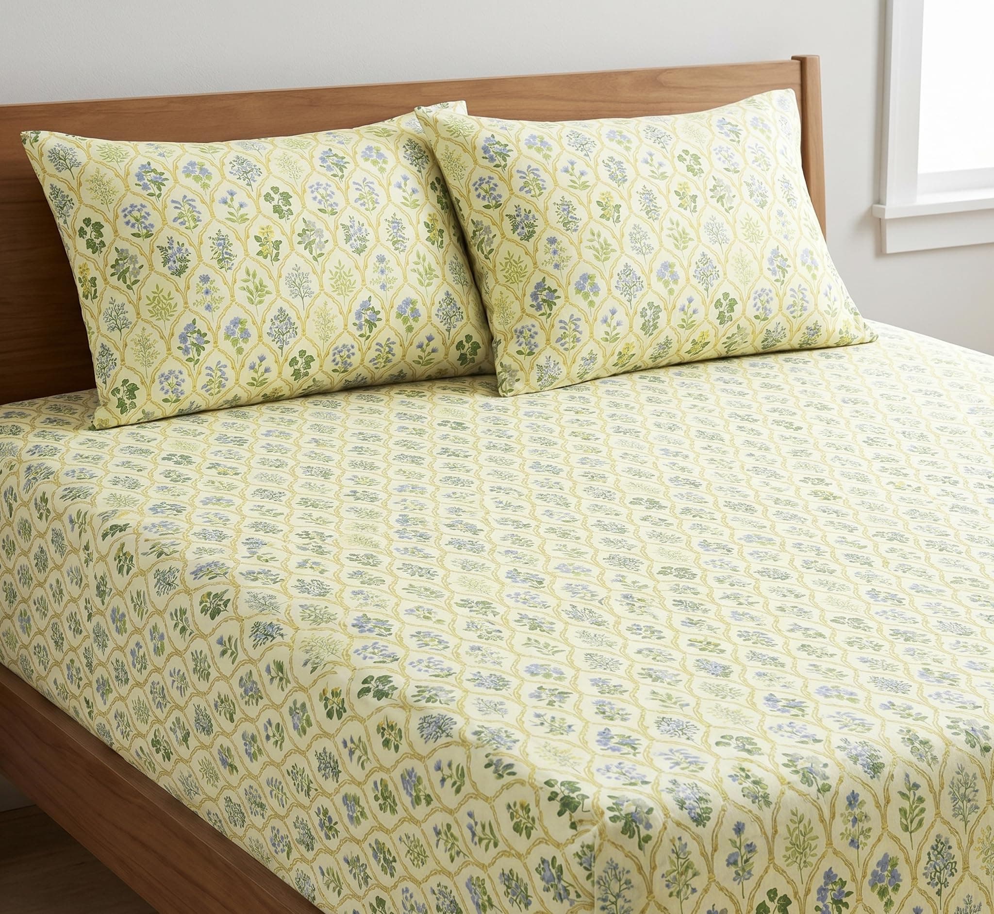 DECOMIZER Cotton Feel All Around Elastic Fitted Glace Printed King Size Double Bed Bedsheet with 2 Large Pillow Covers Fits Upto Mattress of 8 Inches,Size - 72 x 78 x 10 Inches, Yellow Jaipuri