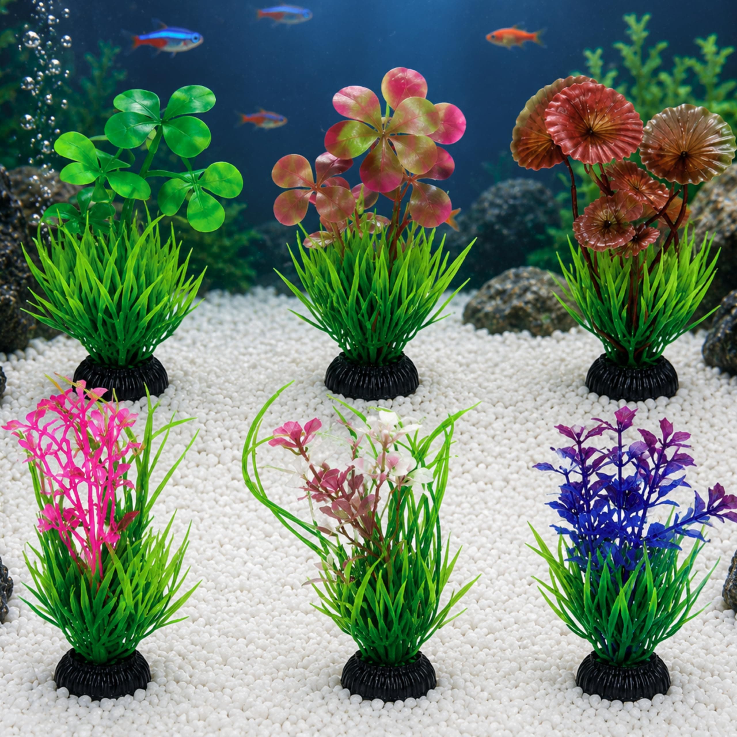 Foodie Puppies 6 in 1 Aquarium Artificial Plastic Simulation Decorative Aquatic Accessories Plants for Fish Tank Aquarium (Color May Vary) (Plant 3, 9cm)