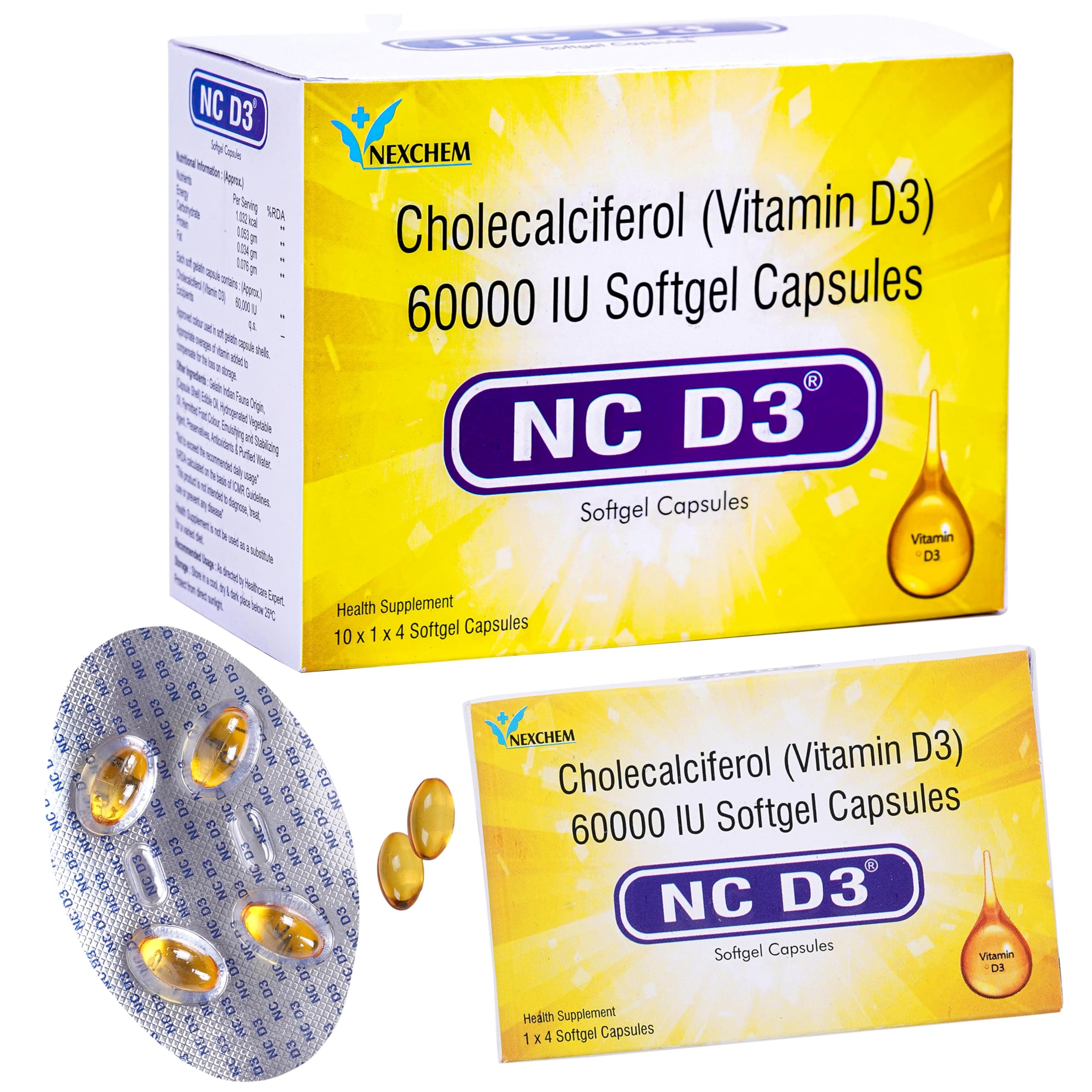 Nexchem NC D3 Cholecalcifeol (Vitamin) D3 60000 I U Soft Gel Capsules | Health Supplements | Pack of 40 Capsules