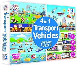 RATNA'S 4 in 1 Transport Vehicles Jigsaw Puzzle for Kids. 4 Puzzles 35 Pieces Each (Road Transport, Water Transport, Air Transport & Construction Vehicles), Multicolor