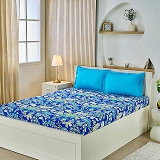 Amazon Brand - Solimo Floral Treasure 144 TC 100% Cotton King Bedsheet with Two Pillow Covers, Soft and Smooth (Traditional, Blue and Green)