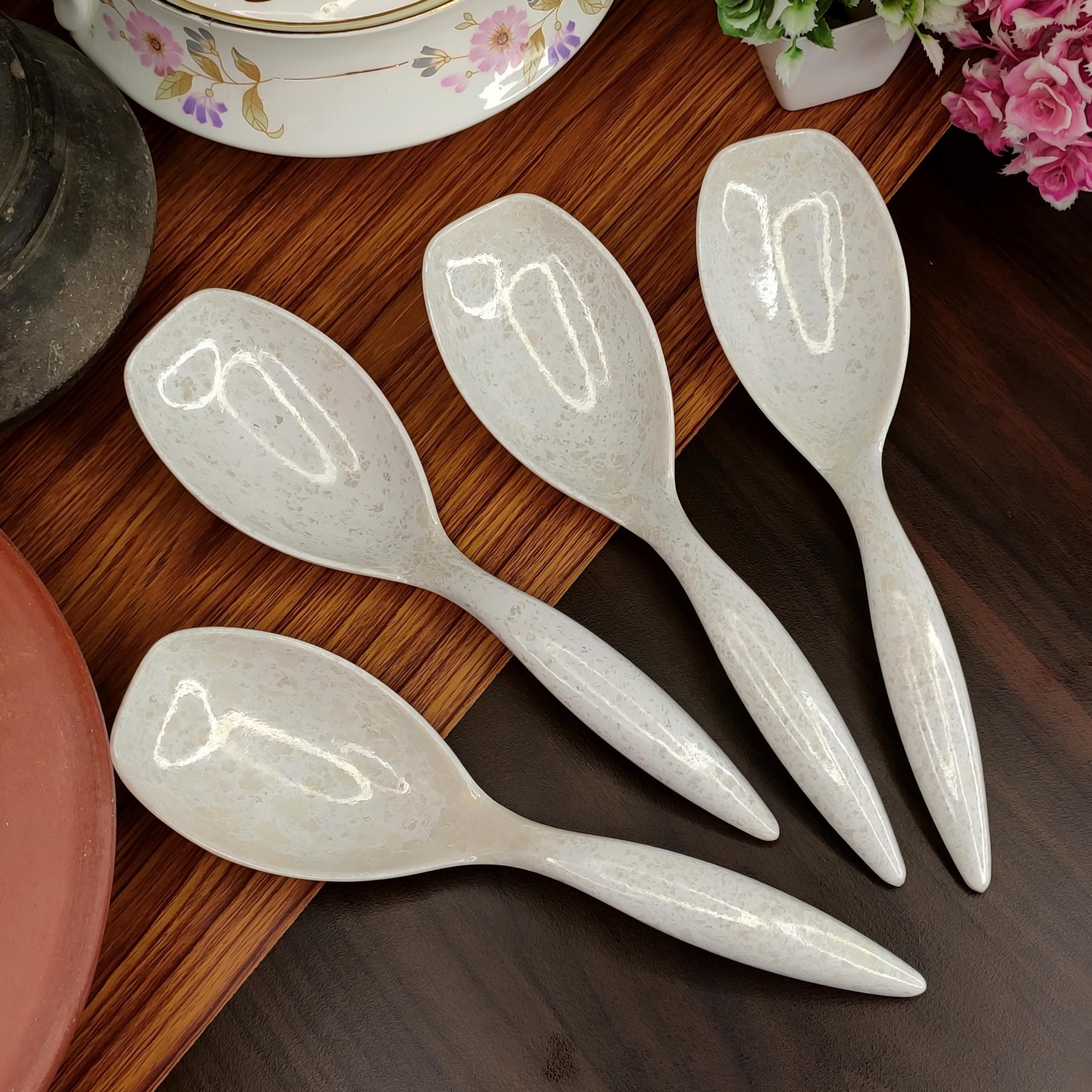 Vemlons Serving Spoon Long Handled Serving Spoon, Melamine Tableware (Set of 4 piece)(Marble Print)