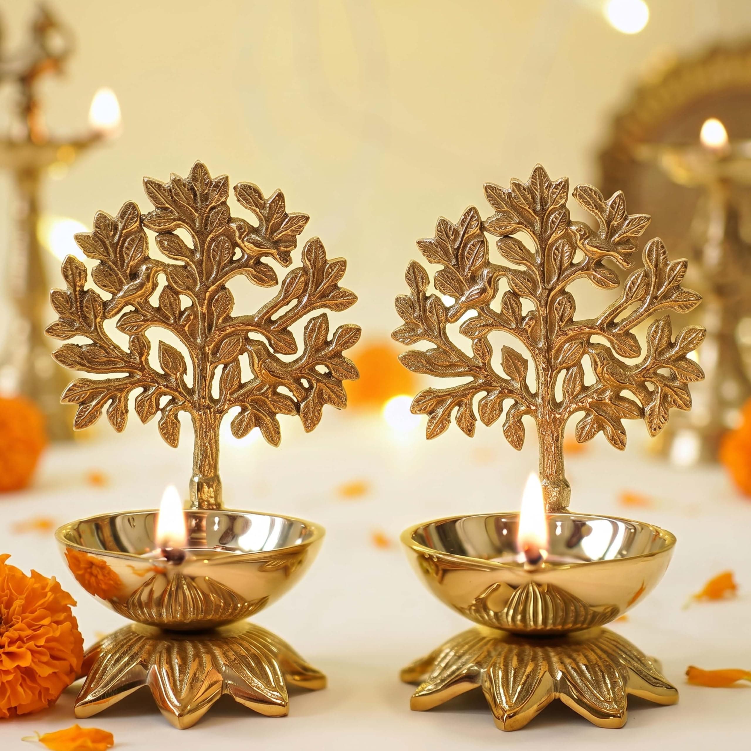 Behoma 100% Pure Brass Handcrafted Kalpavriksha Diya for Puja - Set of 2 | Handcrafted lamp for Office Temple & Home Decoration | Tree of Life Diya for Pooja Room | Best Gift for Wedding Anniversary