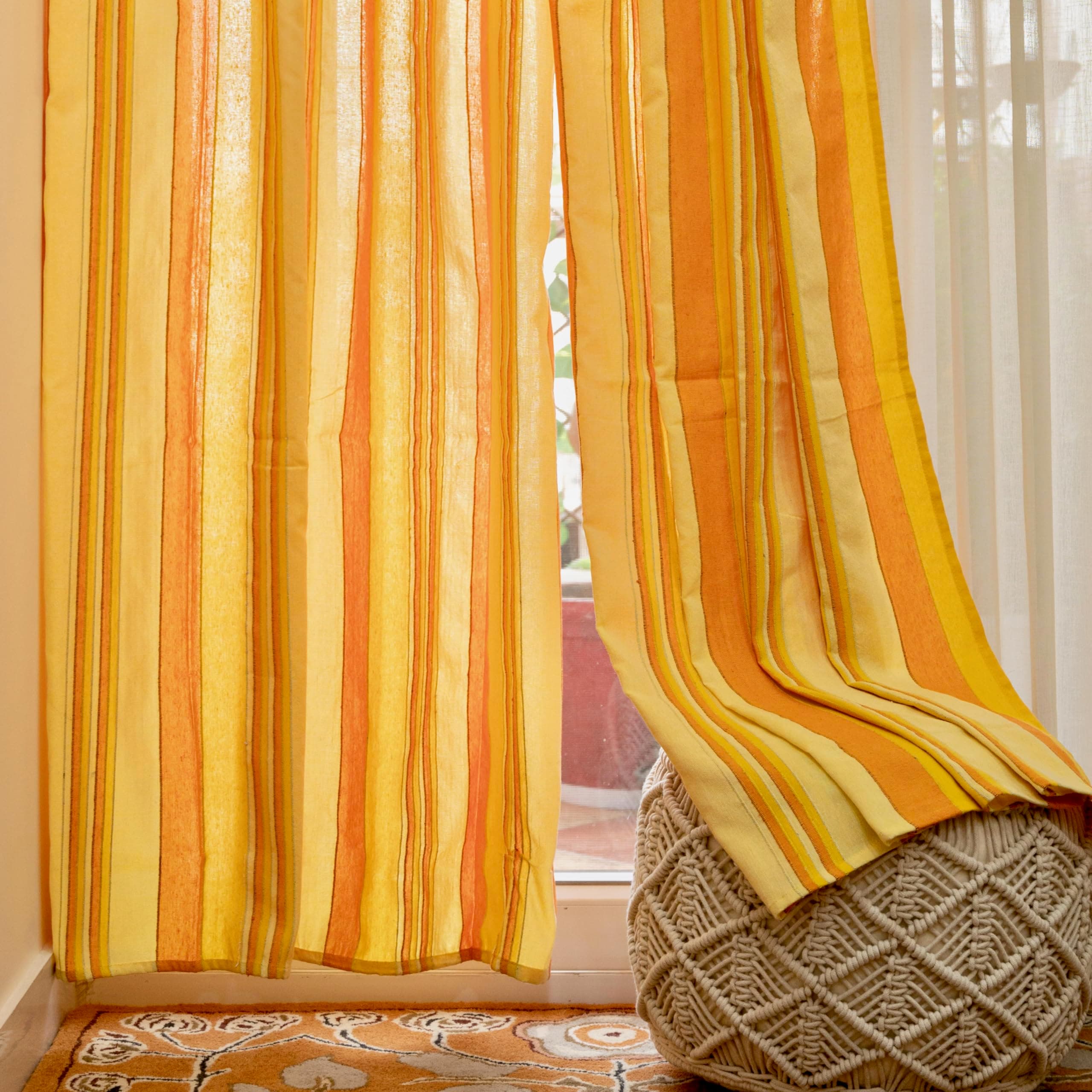 RANGBHAR Cotton Door Curtains | 8 Feet Long Set of 2 | Pure Handloom Light Filtering Fabric | Eyelet Curtains for Living Room & Bedroom | Striped Yellow