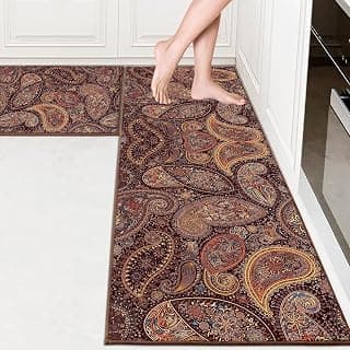ishro home Kitchen mats for Floor Anti Slip Waterproof | Set of 2 Pcs| Non-Skid, Soft Absorbent Rugs for Kitchen, Laundry, and Hallway|137x45cm, 45x71cm| 4mm Thickness (Paisley Fiesta)