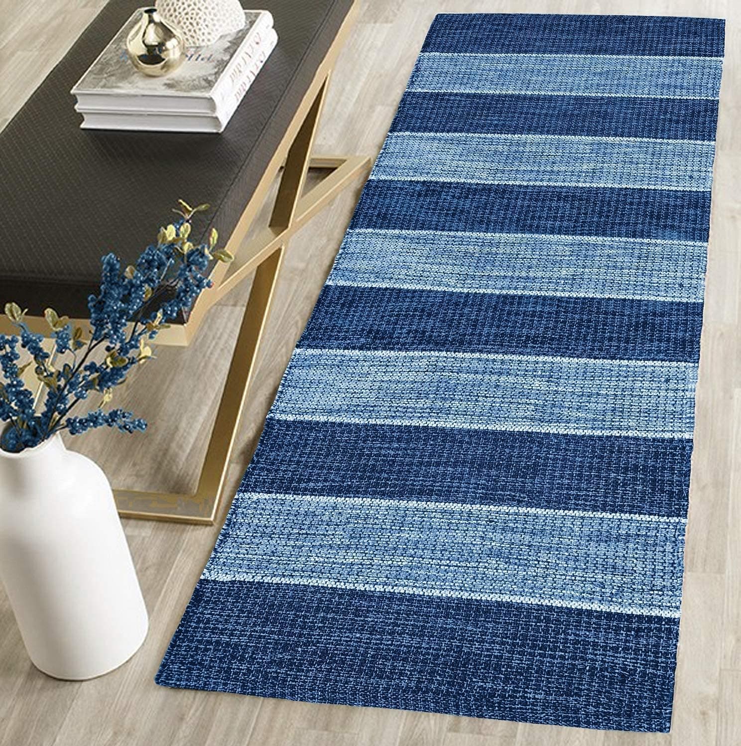 STONEMUNK Reversible Cotton Rectangular Floor Mat Carpet Rug Runner Bedside Runner for Bedroom, Bathroom, Kitchen Yoga & Home Machine Washable - (Blue Mix, 2x5 Feet)