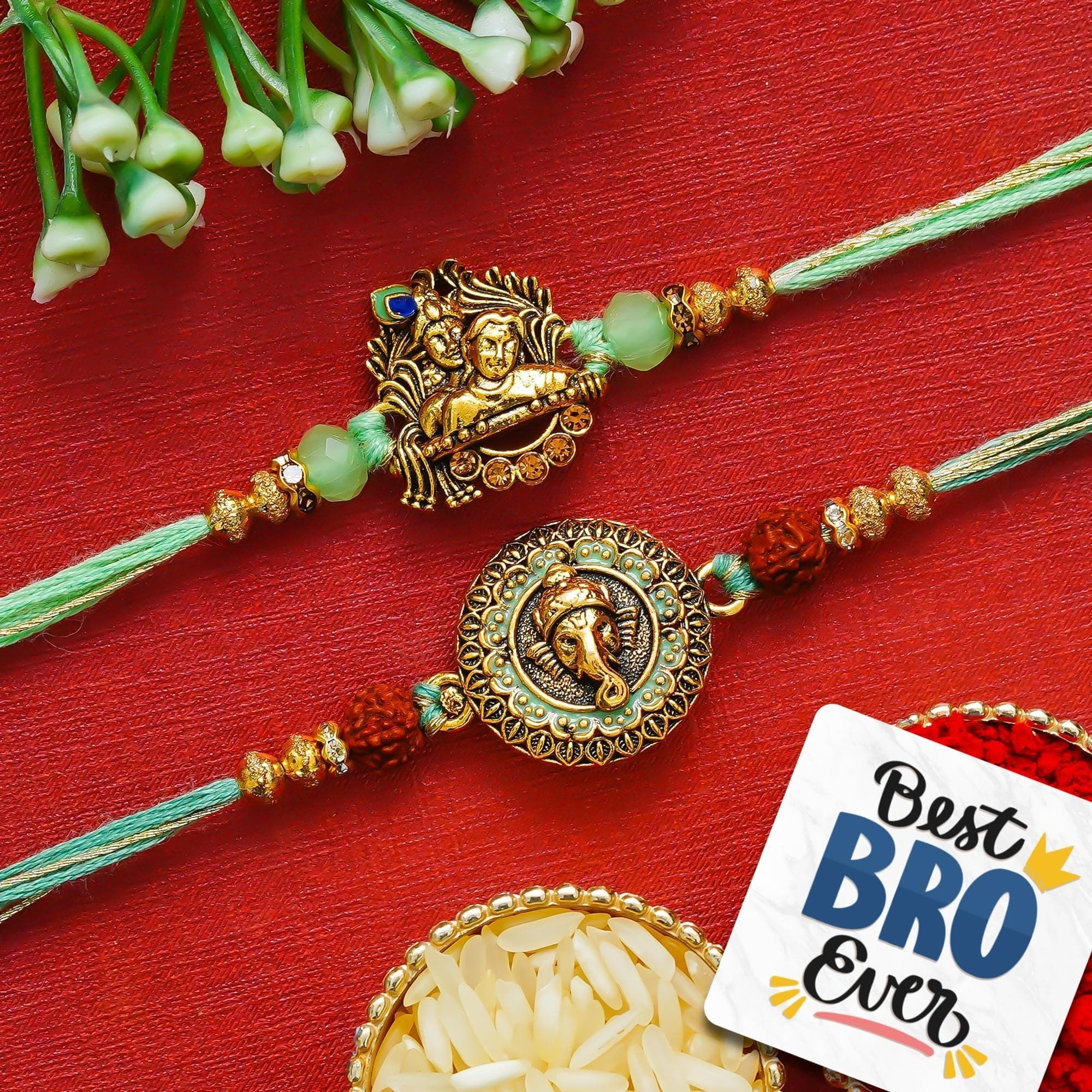eCraftIndia Set of 2 Ganesha & Radha Krishna Rakhis | Best Bro Ever Fridge Magnet | Roli Chawal Pack | Designer Rakhi for Brother Bhaiya Bhai Bhabhi Kids