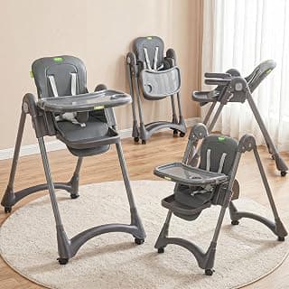 BAYBEE High Chair for Baby 6 to 18 Months, 6-Level Height Adjustable Feeding Chair with Reclining Backrest, Foldable Frame, 5-Point Safety Harness, Double Removable Tray, Footrest & Lockable Wheels (Grey)