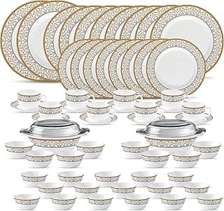 La Opala Sovrana Collection, Opal Glass Traditional Dinner Set 62 Pcs, Moroccan Gold, White