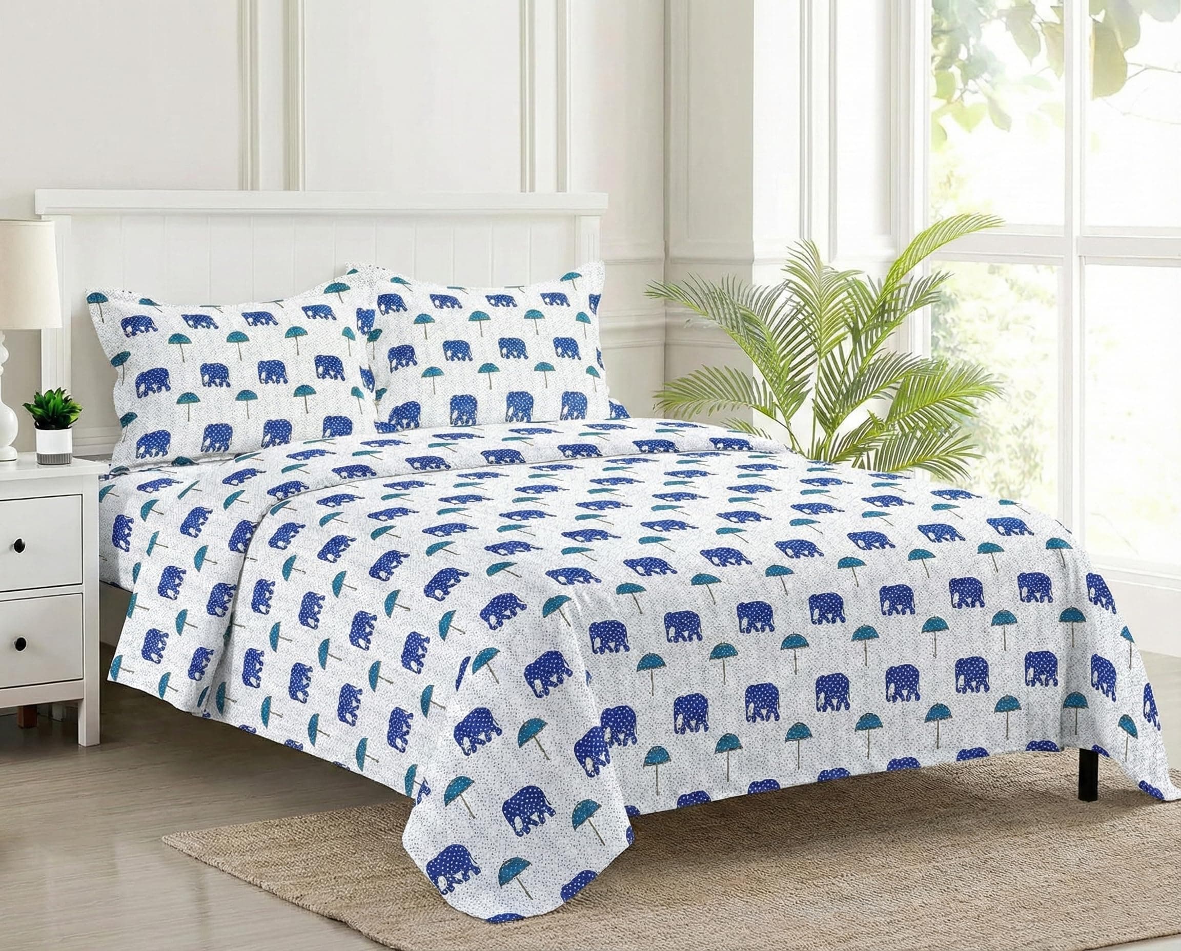 Trance Home Linen 180 TC Jaipuri Design 100% Cotton King Size Printed Bedsheet|Bedding Set of King Size Flat Bed Cover with 2 Pillow Covers (108x108 inch|9ft x 9ft - Ambari Blue)