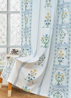 Tranquebar Curtain Co. Cotton Curtains 7 Feet Long Set of 2, 60-65% Room Darkening, Blue Ethnic Curtains Floral Print, Door Curtains 7 Feet Set of 2, BackTabs, Sashi (213 cm) - Set of 2