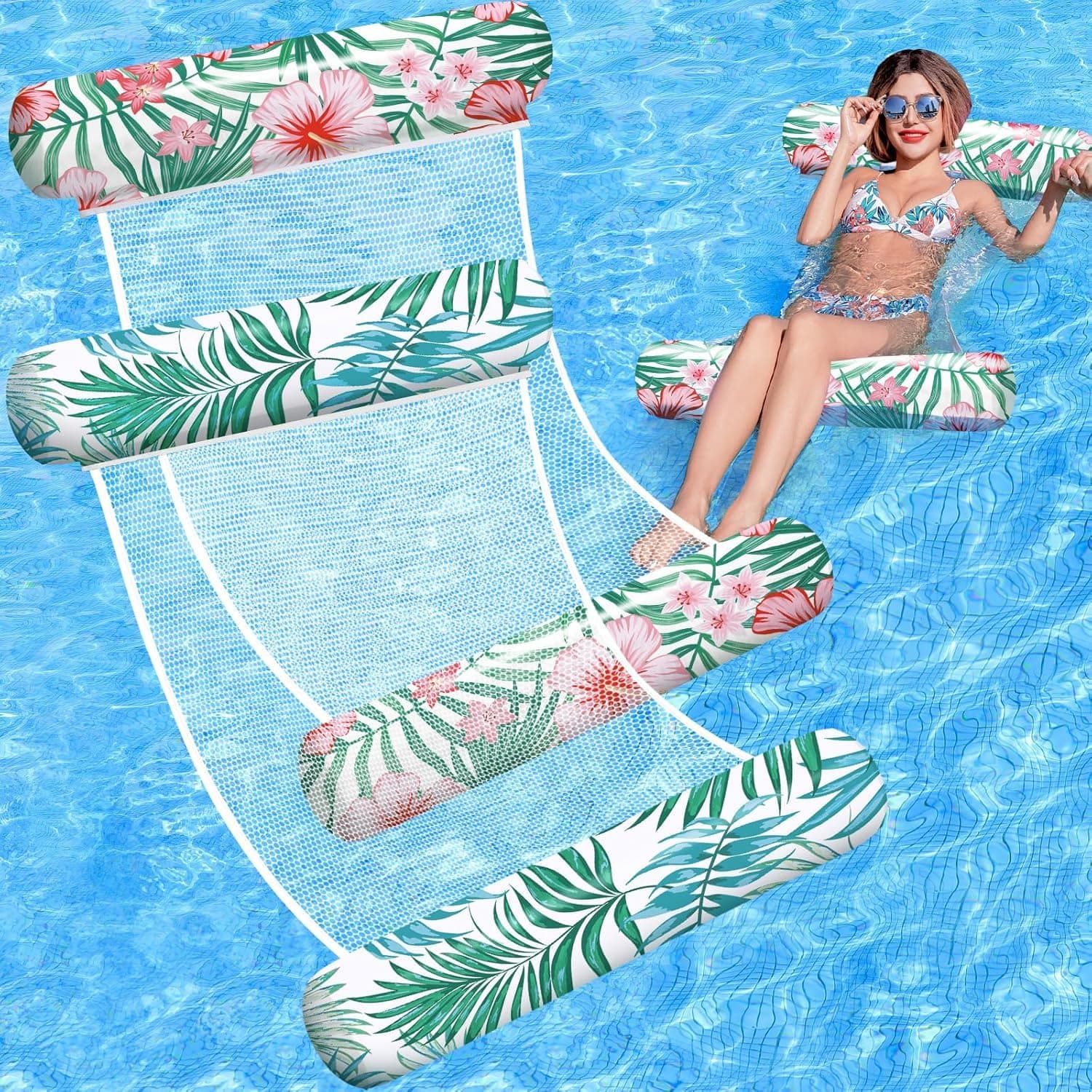 4 in 1 Pool Float Water Hammock | Inflatable Pool Lounger Chair | Drifter & Exercise Saddle | Mesh Fabric Floating Bed | Easy to Carry & Quick Dry | Adult Pool Float