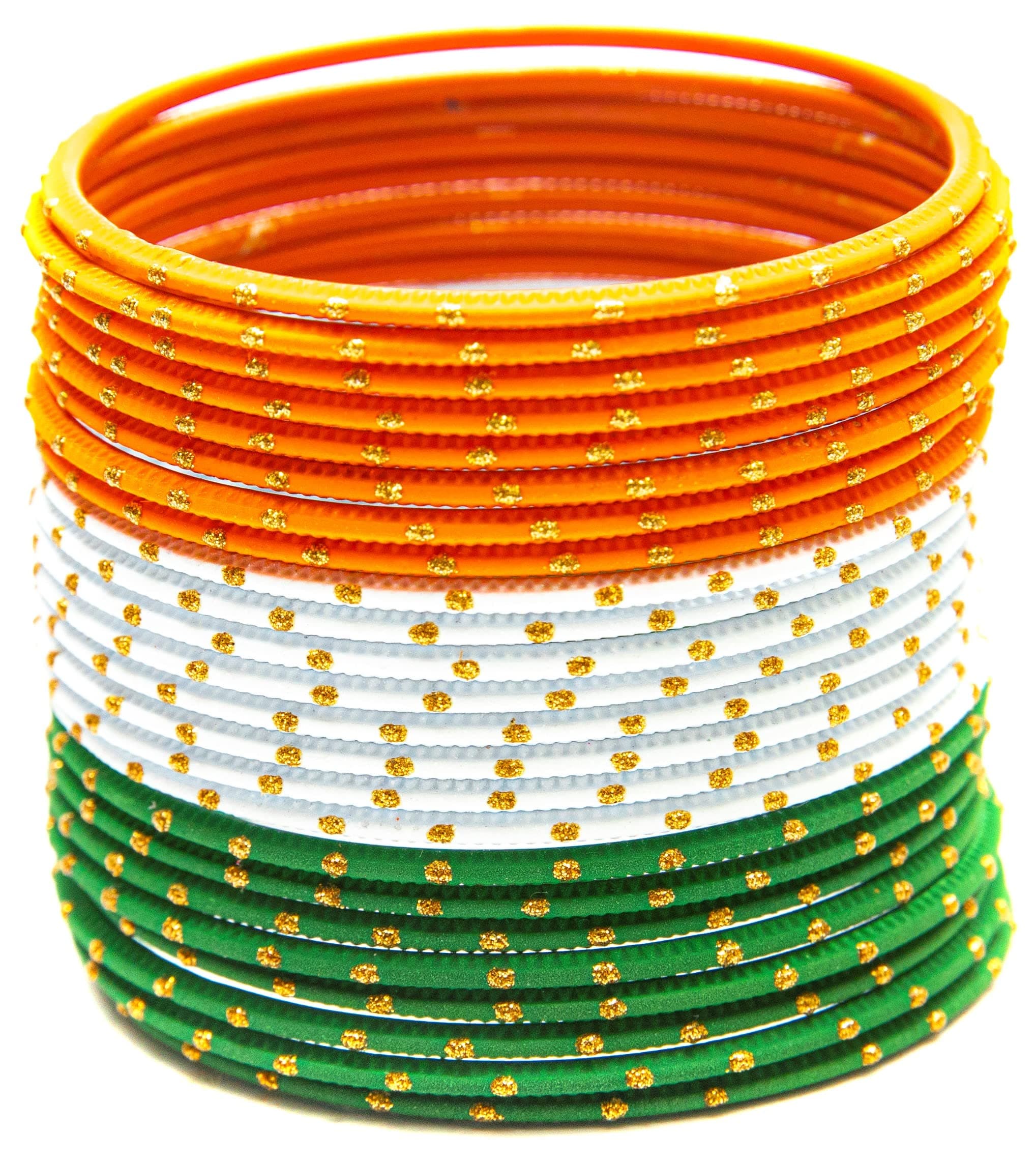 Swara Creations Tricolor Metal Tiranga Bangles Set with Golden Dots for Women & Girls for Independence Day & Republic Day & Other Patriotic Occassions.