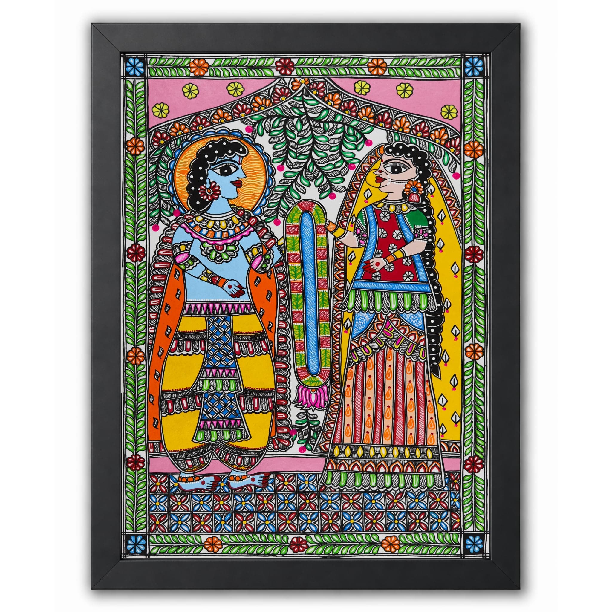 AAKARSHAK Mithila Painting of Ram Sita Vivah with Frame Handmade Large 17x24 Inch - Madhubani Religious Wall Art for Wedding Gift Bedroom Decor